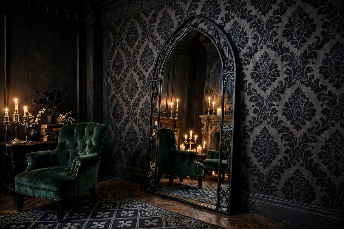 Gothic living room corner with tall arched floor mirror