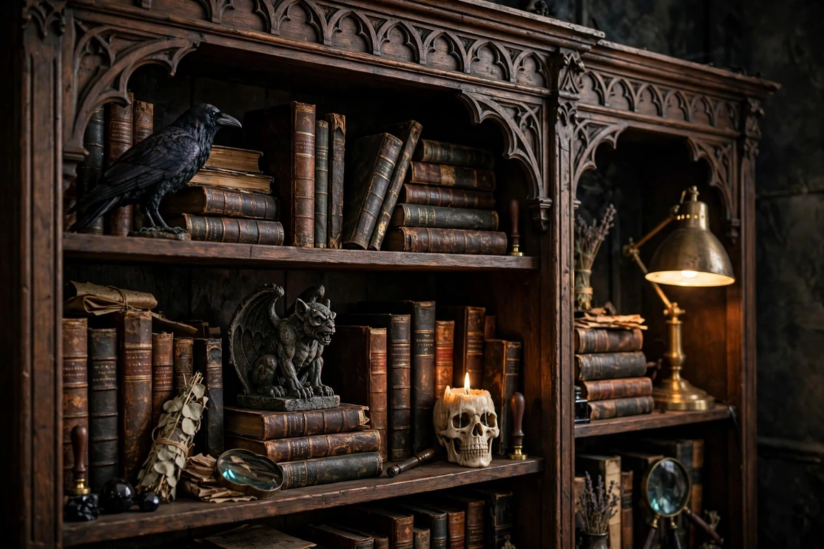 Gothic living room bookshelf with raven and gargoyle figurines