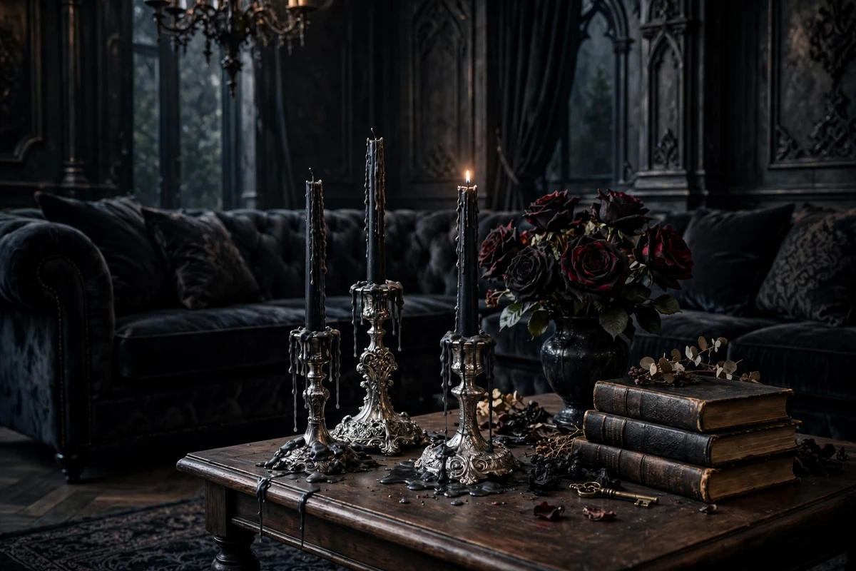 Gothic living room coffee table with black taper candles in ornate holders
