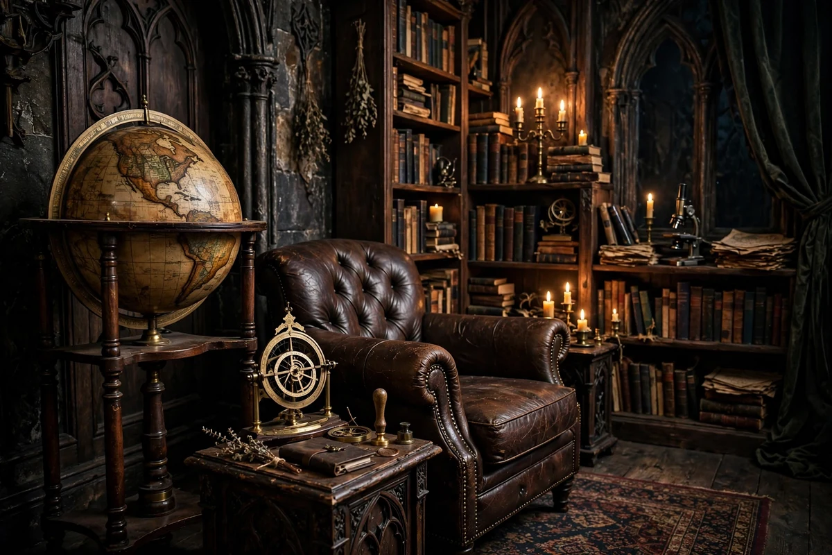 Gothic living room corner with antique world globe and astrolabe