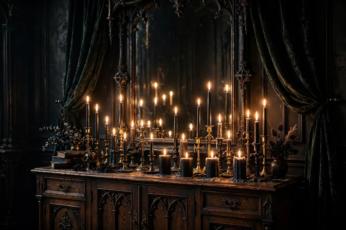 Gothic living room sideboard with layered candlelight vignette
