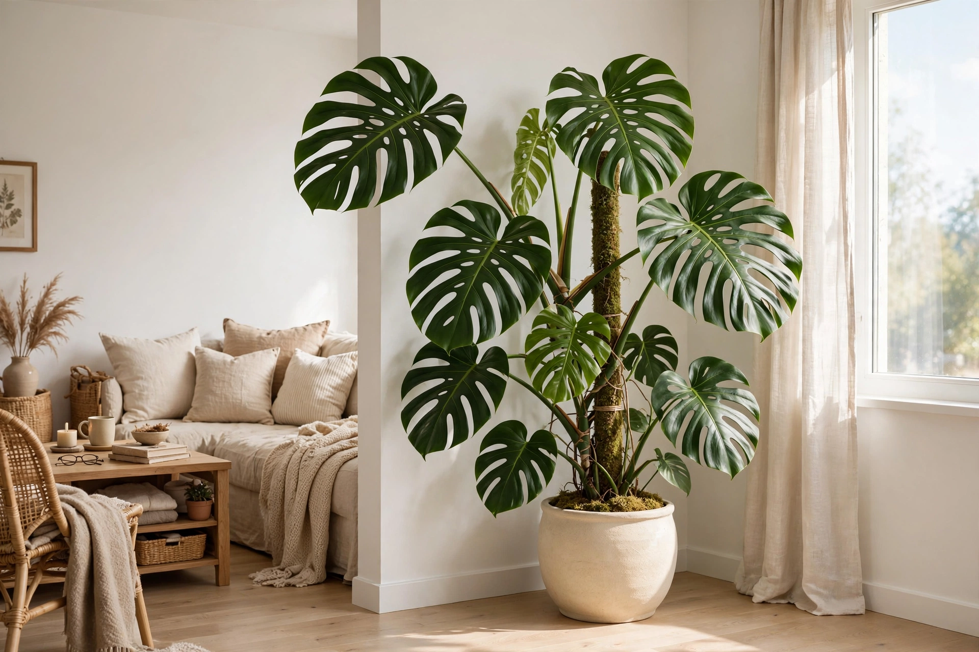 Large monstera deliciosa plant with split leaves in a ceramic pot in a bright studio apartment corner