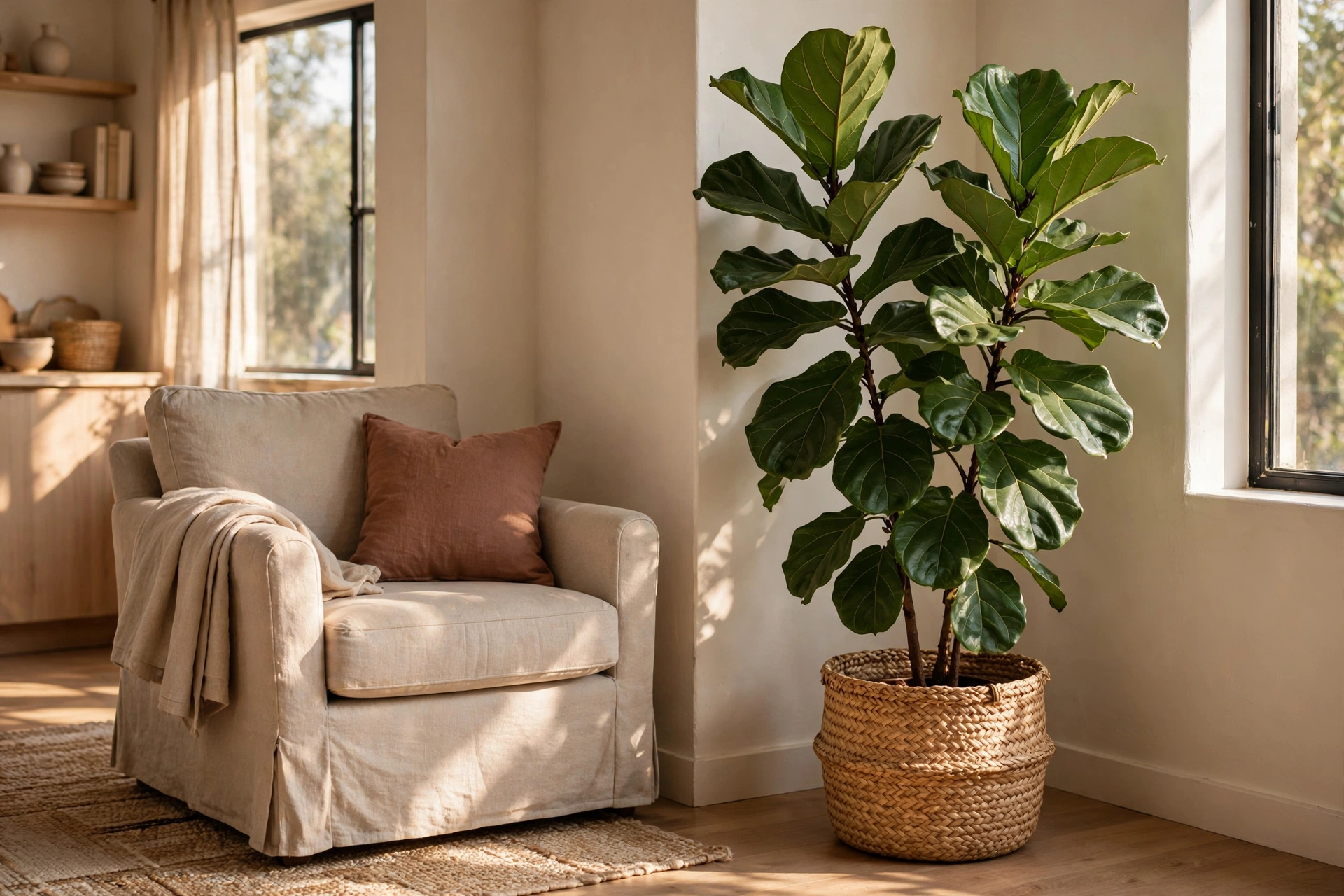 Tall fiddle leaf fig tree with broad leaves in a woven basket in a sunlit studio apartment