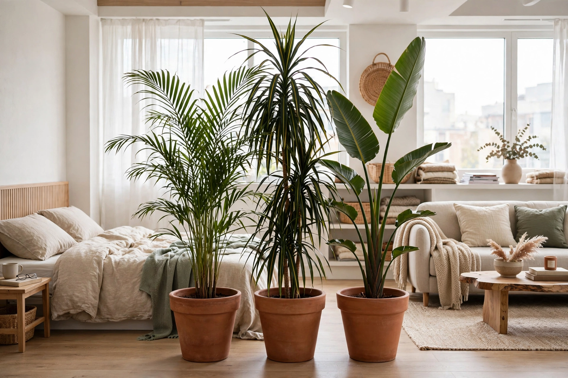 Cluster of tall indoor plants in matching pots dividing living and sleeping zones in a studio apartment
