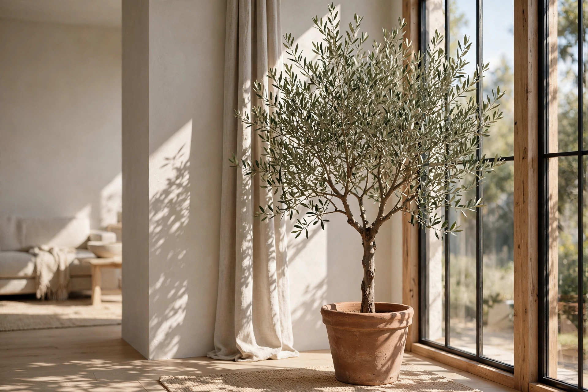 Indoor olive tree with silvery narrow leaves in a terracotta pot by a sunny studio apartment window