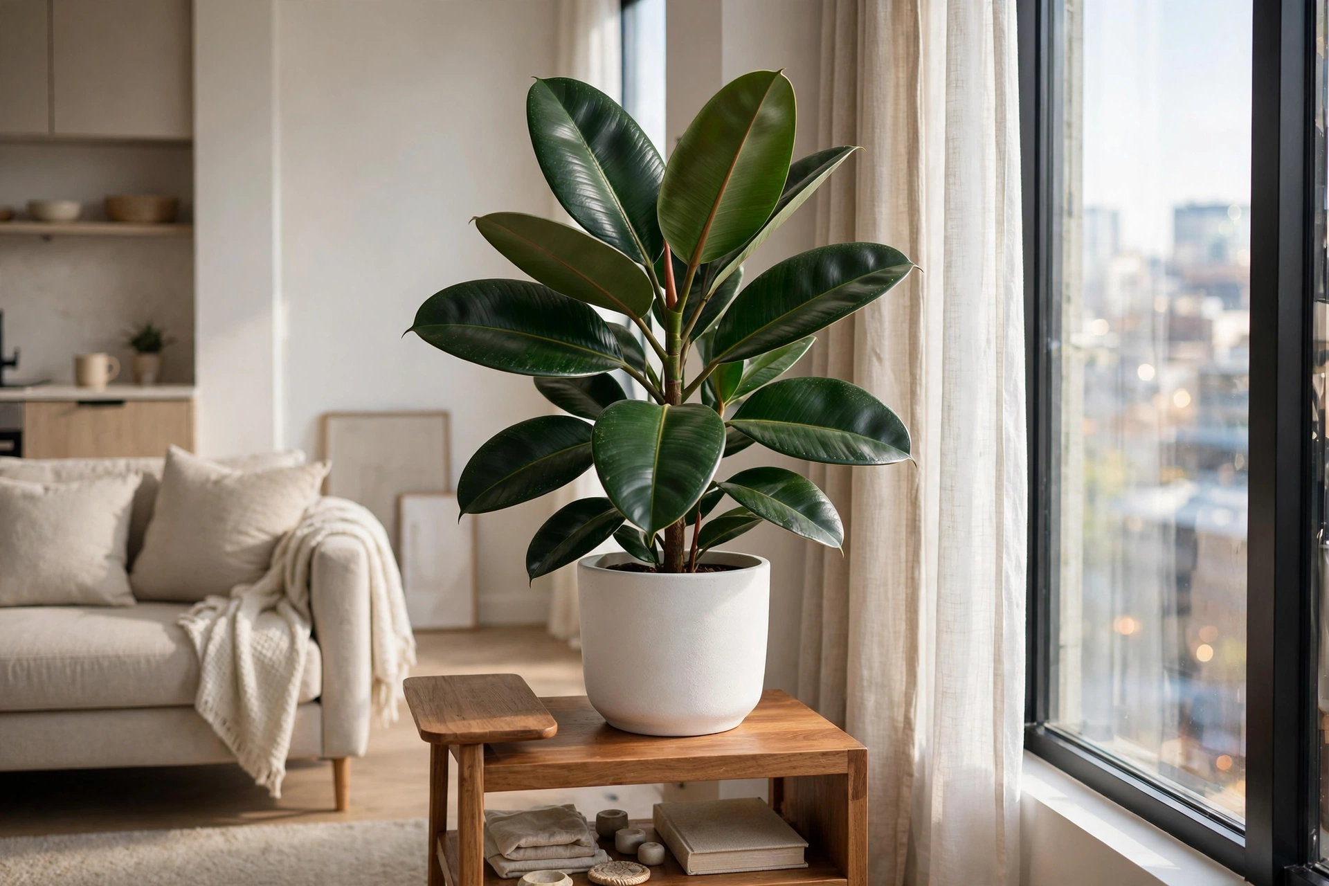 Glossy rubber plant with deep green leaves in a white ceramic pot in a modern studio apartment