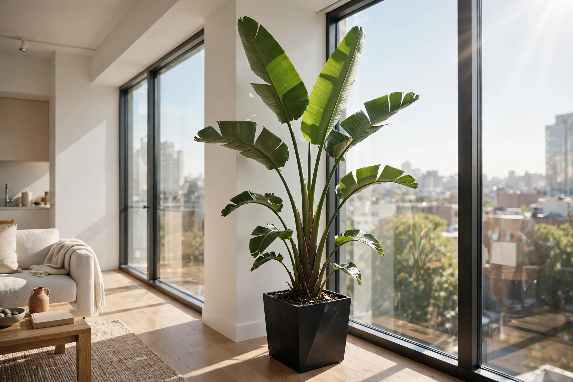 Bird of paradise plant with large tropical leaves in a bright corner of a studio apartment