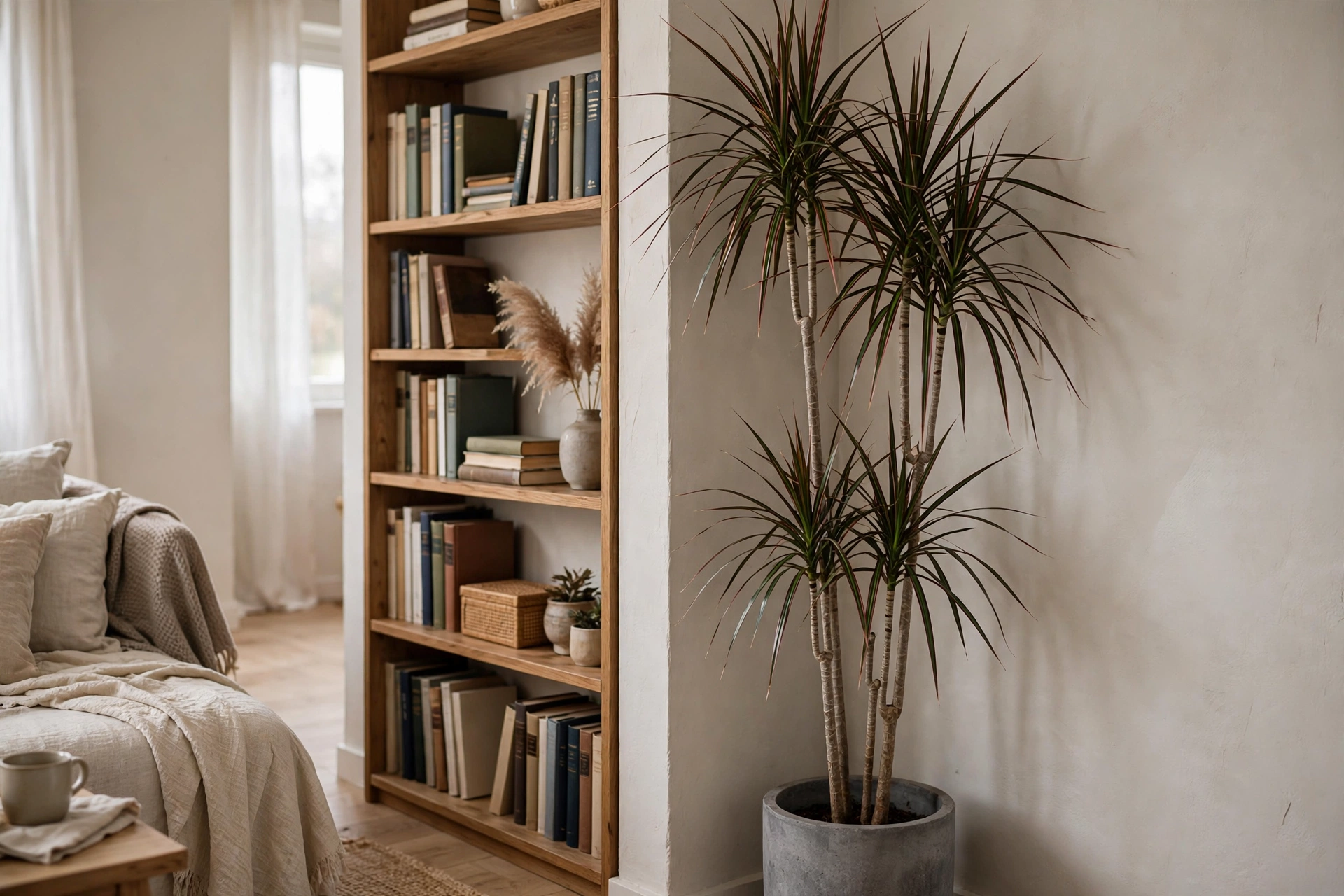 Tall dracaena marginata with striped narrow leaves in a corner of a small studio apartment