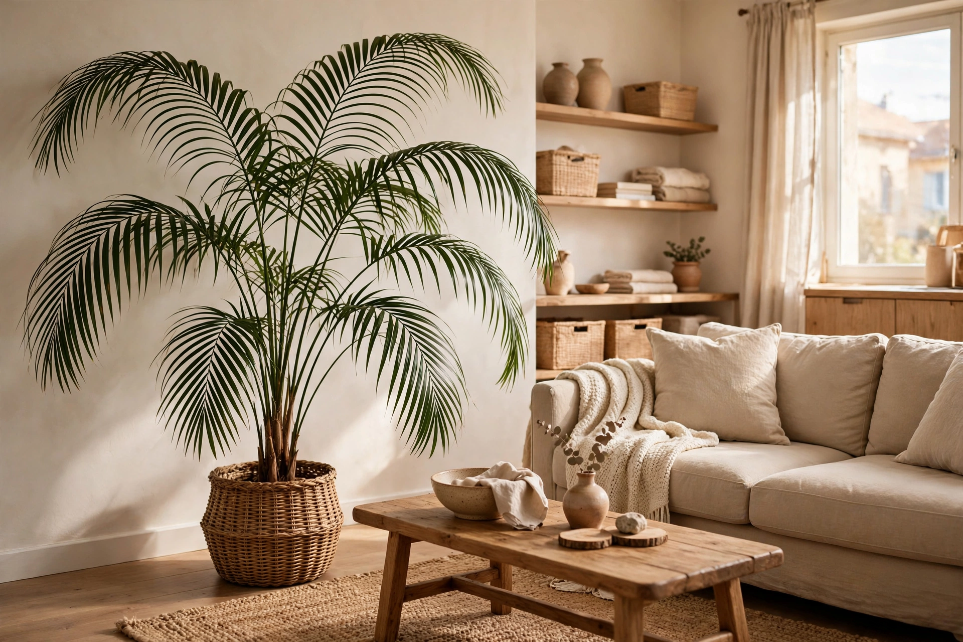 Graceful kentia palm with arching fronds in a woven planter in a cozy studio apartment living area