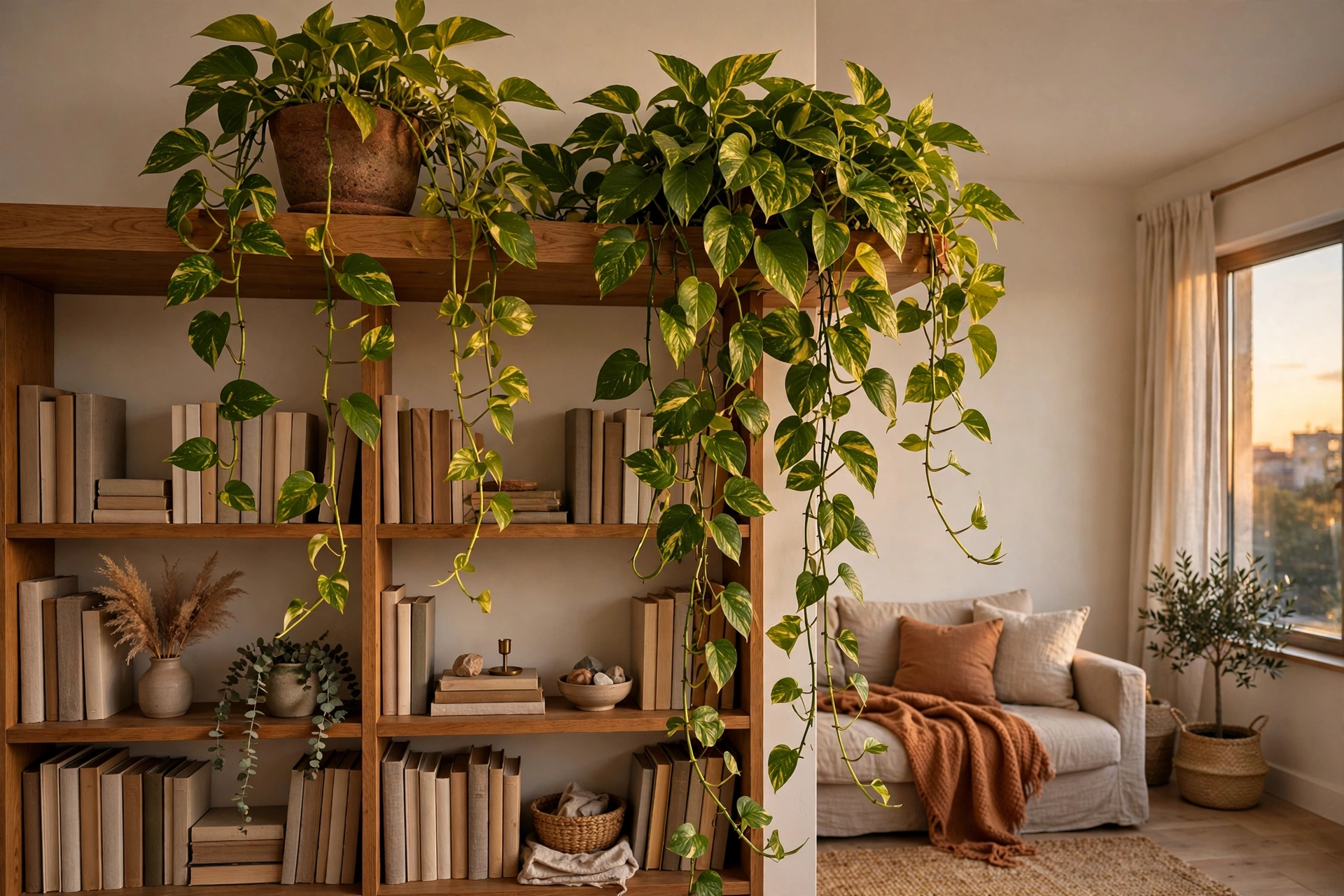 Golden pothos plant with long trailing vines cascading from a high shelf in a studio apartment