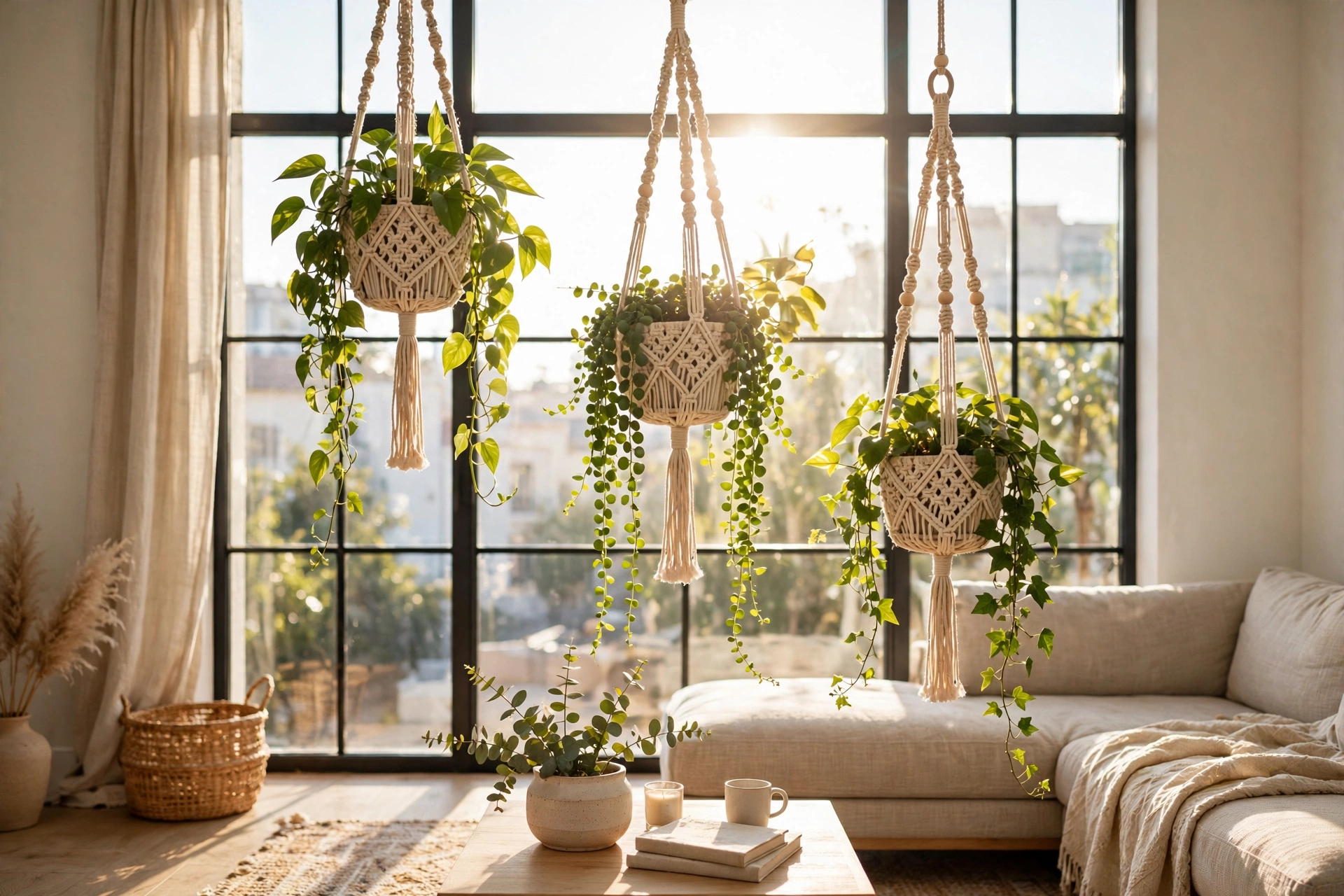 Macrame hanging planters with trailing plants at staggered heights in front of a bright studio window