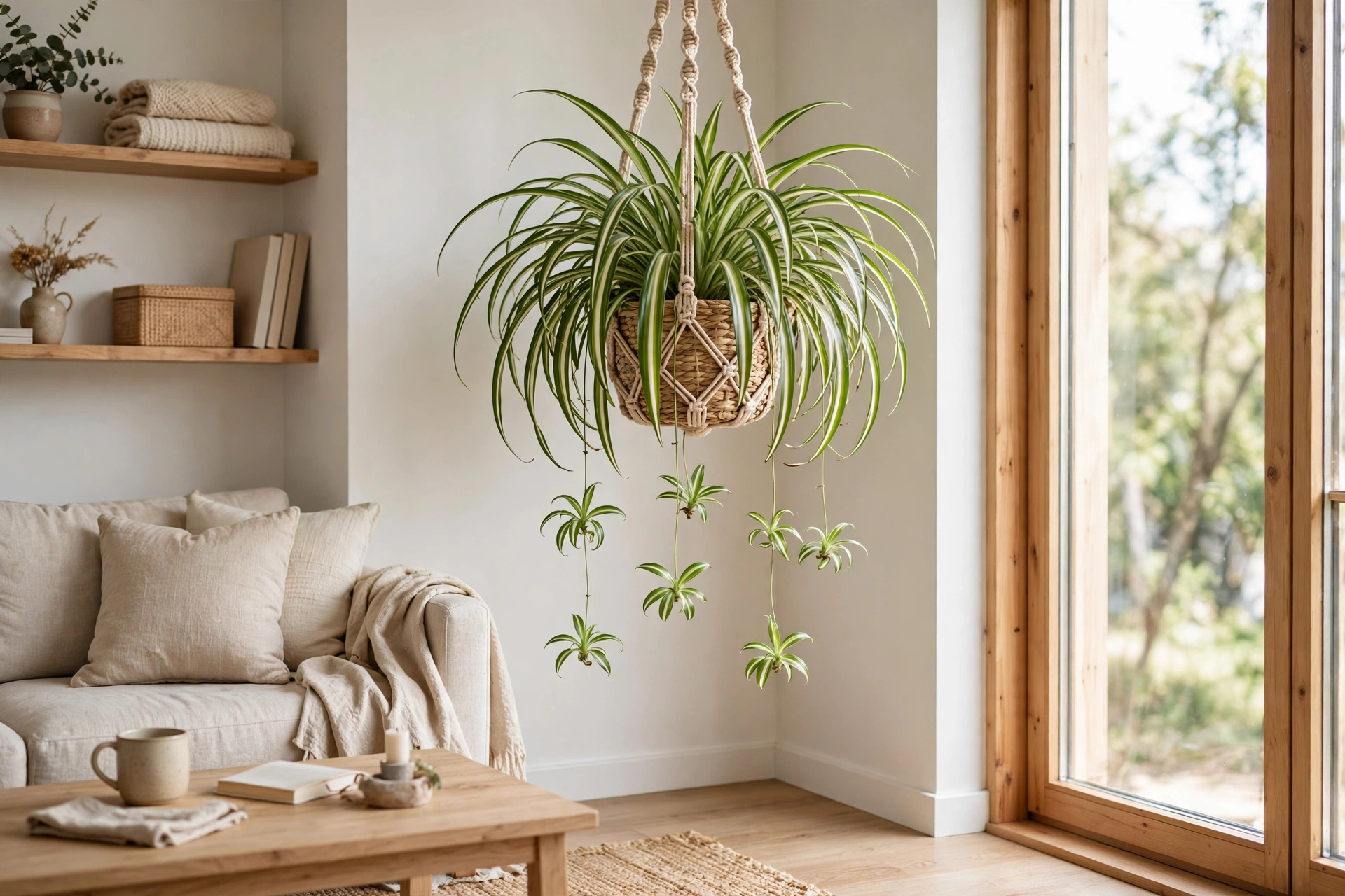 Spider plant with arching striped leaves and baby plantlets in a woven hanging basket in a studio apartment