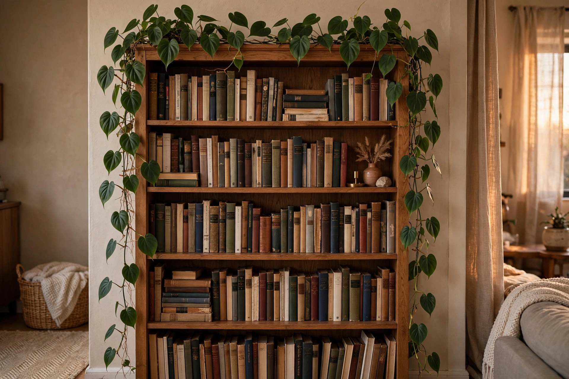 Heartleaf philodendron vines trailing along the top of a wooden bookshelf in a studio apartment