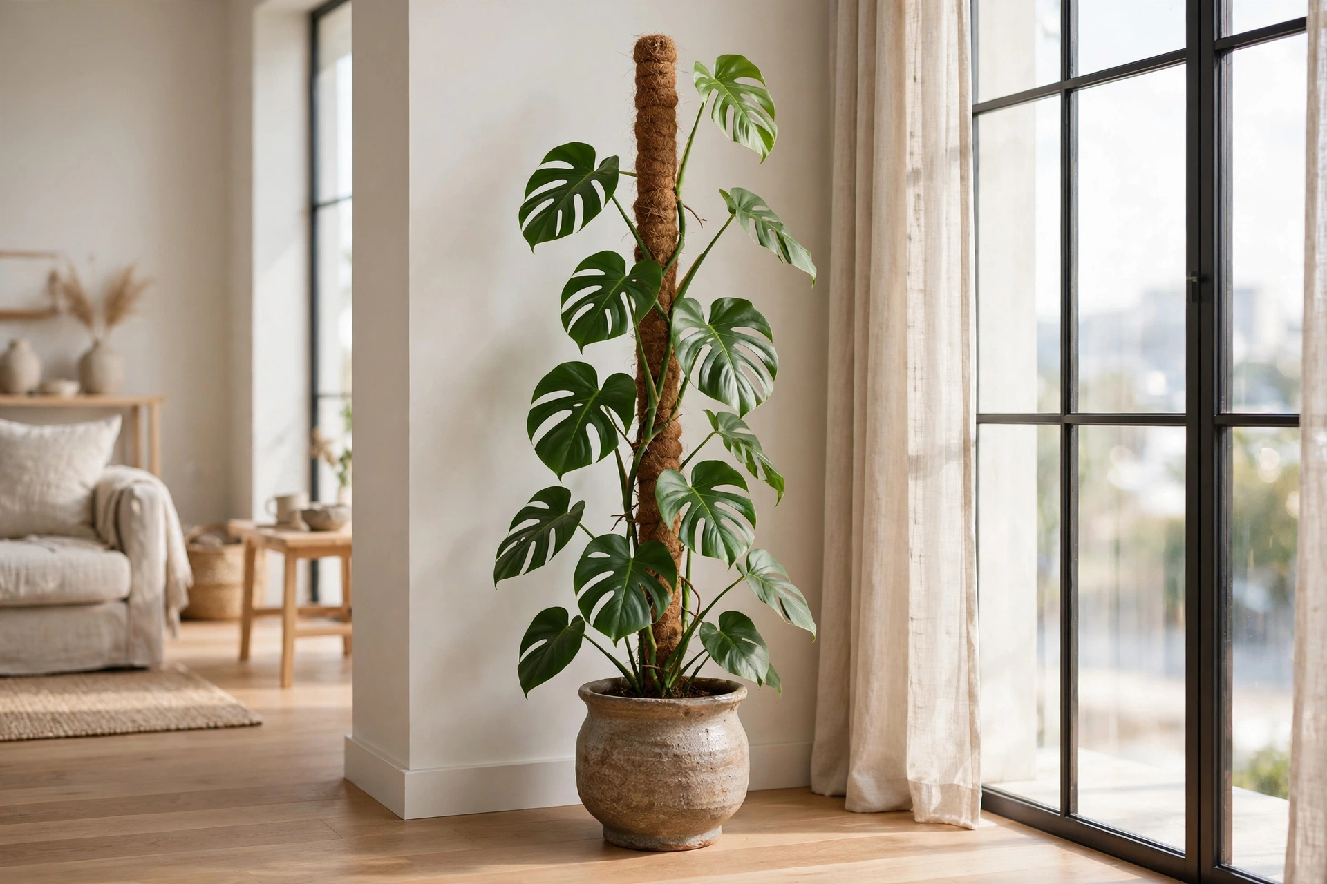 Monstera plant climbing a tall moss pole in a ceramic pot in a studio apartment corner