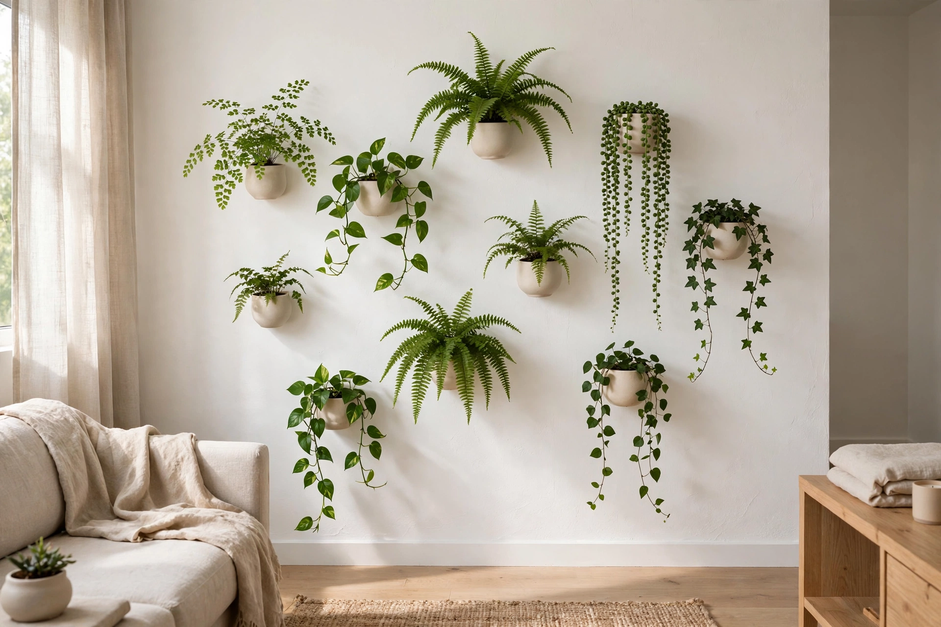 Ceramic wall-mounted planters with small green plants arranged as a living gallery wall in a studio