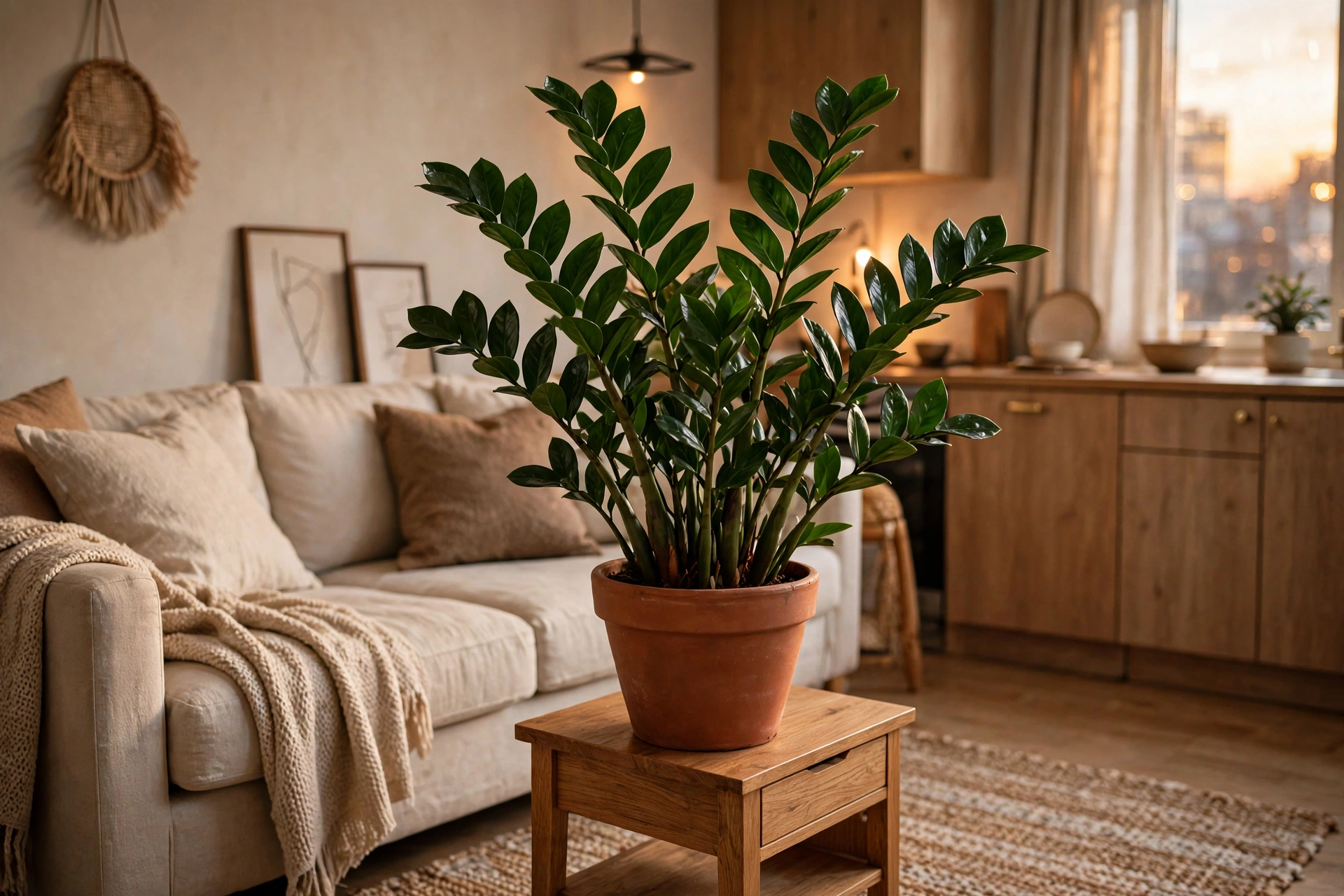 Glossy ZZ plant with symmetrical dark green leaflets in a terracotta pot on a studio apartment side table