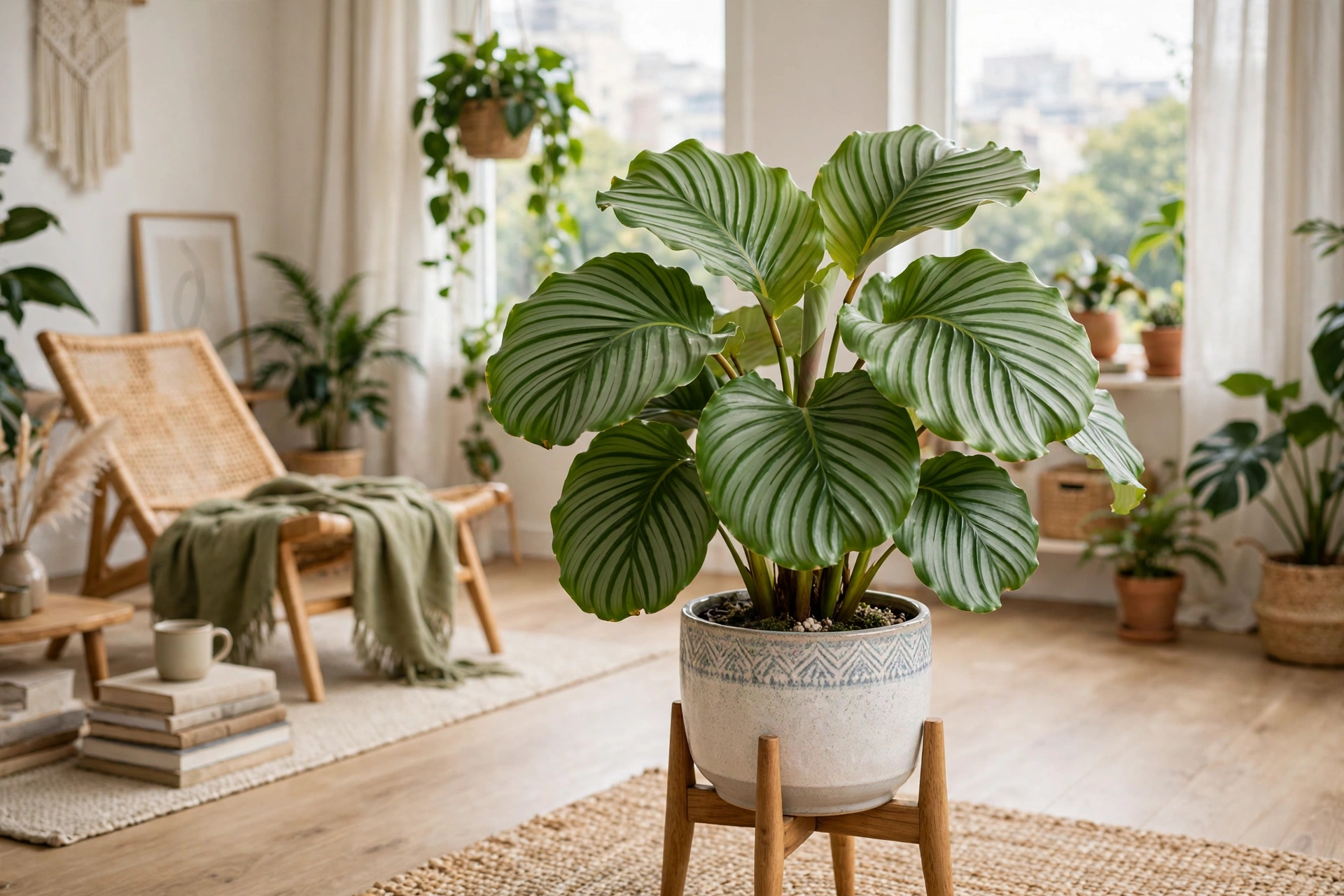 Calathea orbifolia with round striped patterned leaves in a decorative pot in a studio apartment