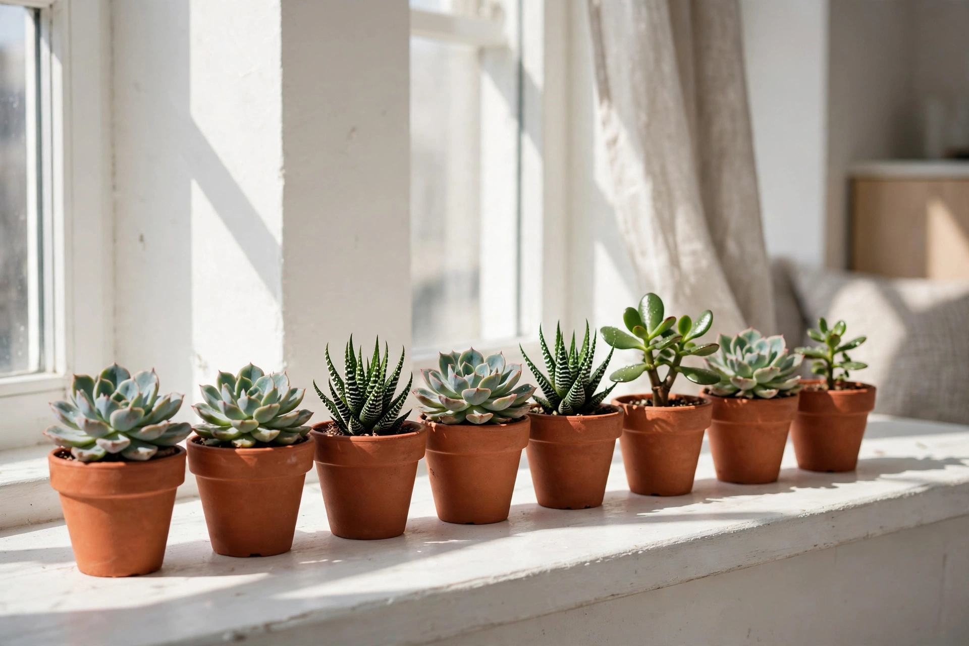 Collection of small succulents in terracotta pots lined up on a sunny studio apartment windowsill