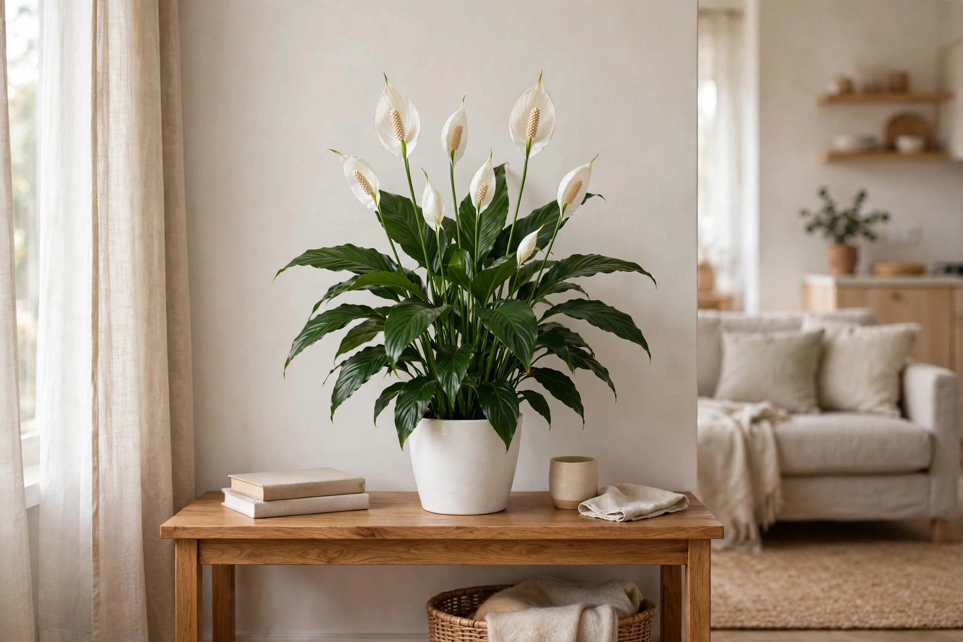 Peace lily with white blooms and glossy dark green leaves in a ceramic pot in a studio apartment