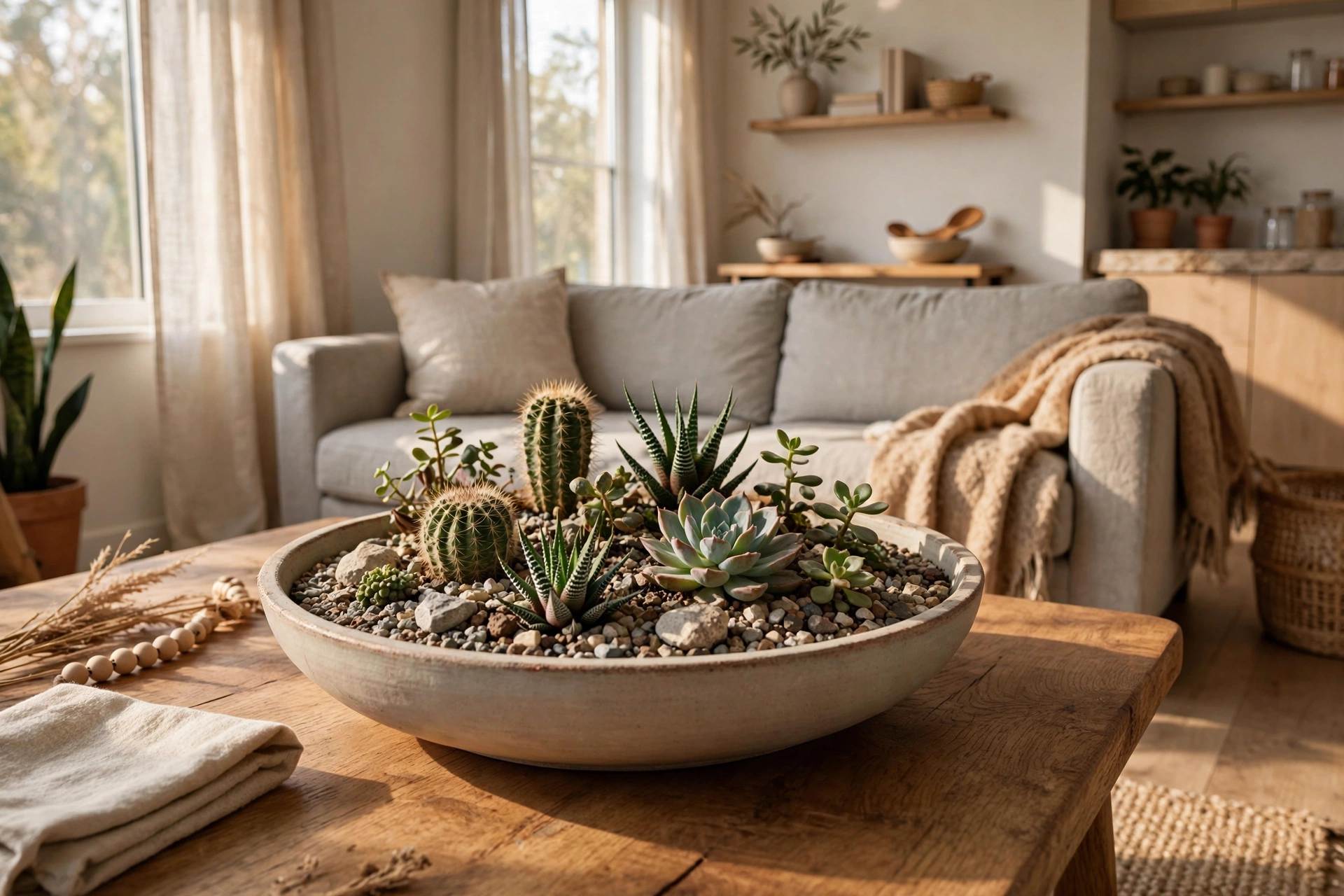 Shallow bowl garden with mixed cacti and succulents topped with gravel on a studio apartment coffee table