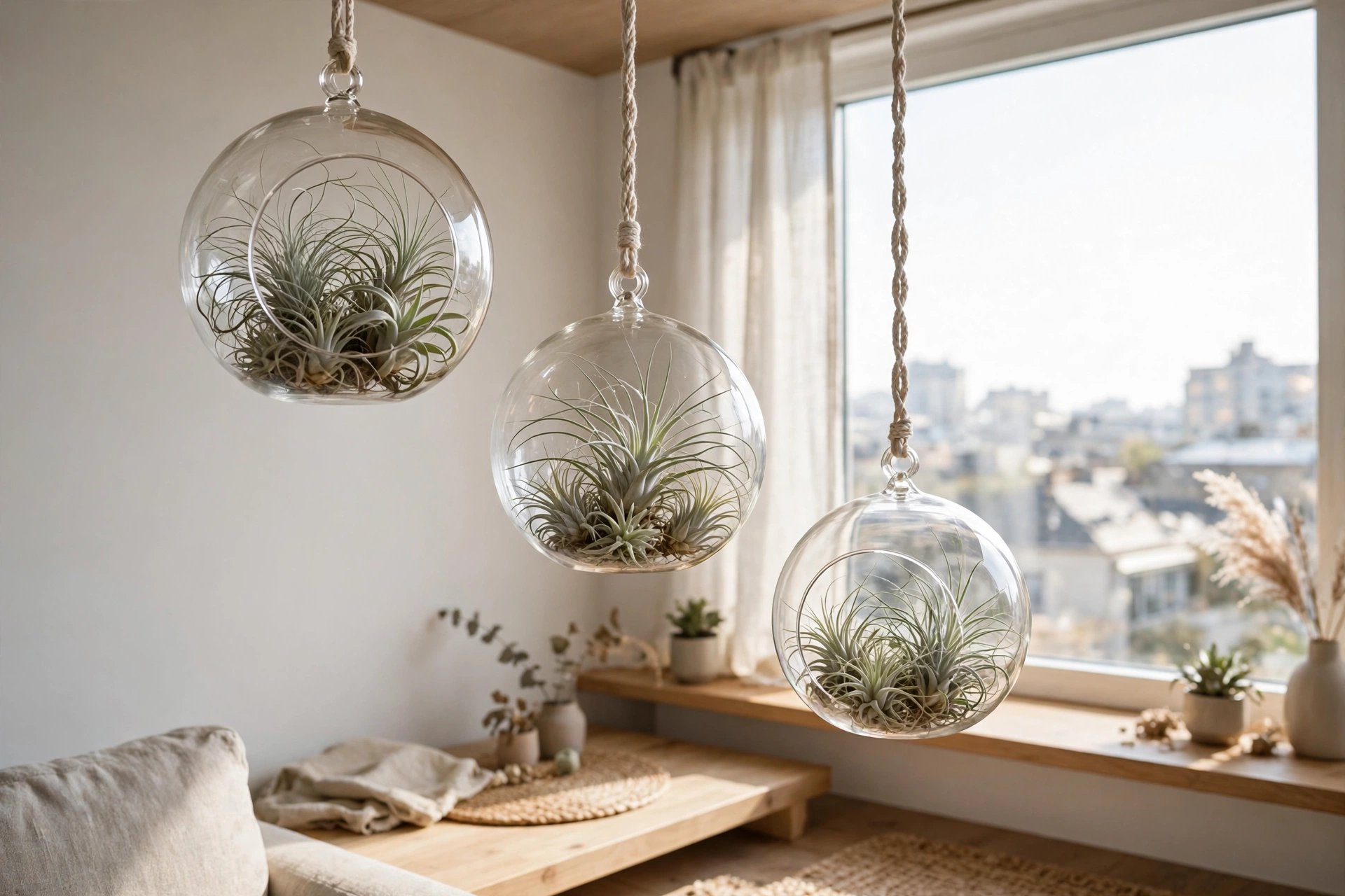 Tillandsia air plants displayed in hanging glass globes near a bright studio apartment window
