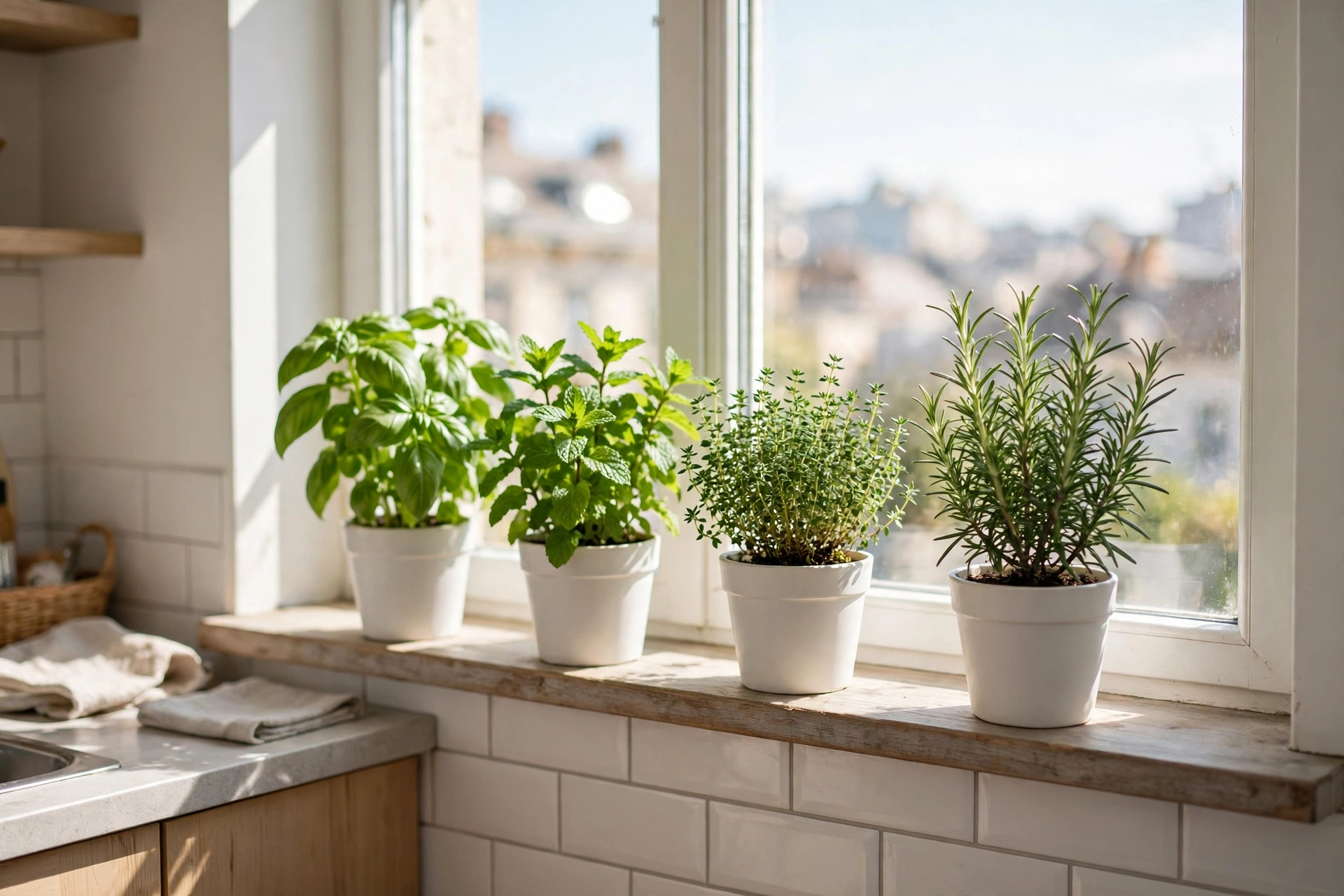 Fresh basil mint and rosemary herbs growing in small pots on a sunny studio apartment kitchen windowsill