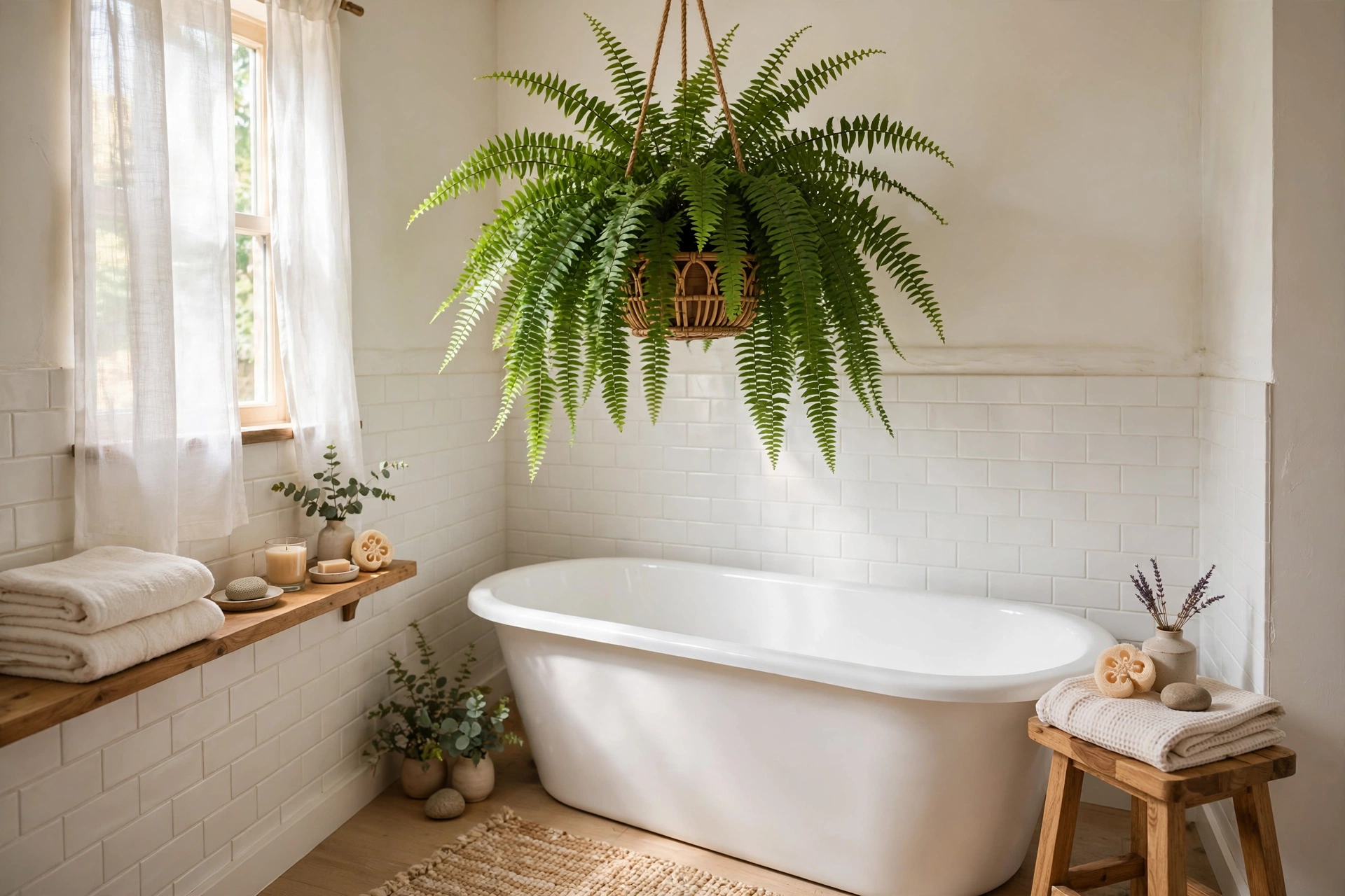 Lush Boston fern in a hanging basket above a bathtub in a small studio apartment bathroom