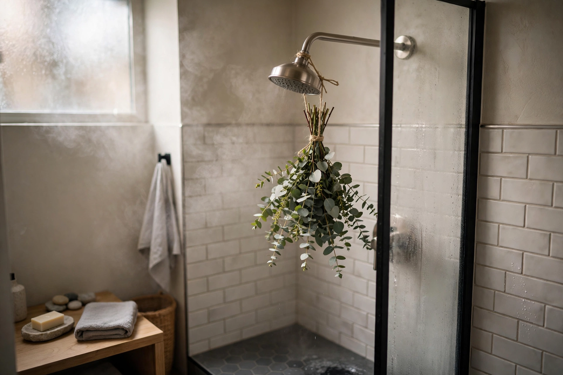 Fresh eucalyptus bundle tied to a showerhead with steam in a small studio apartment bathroom