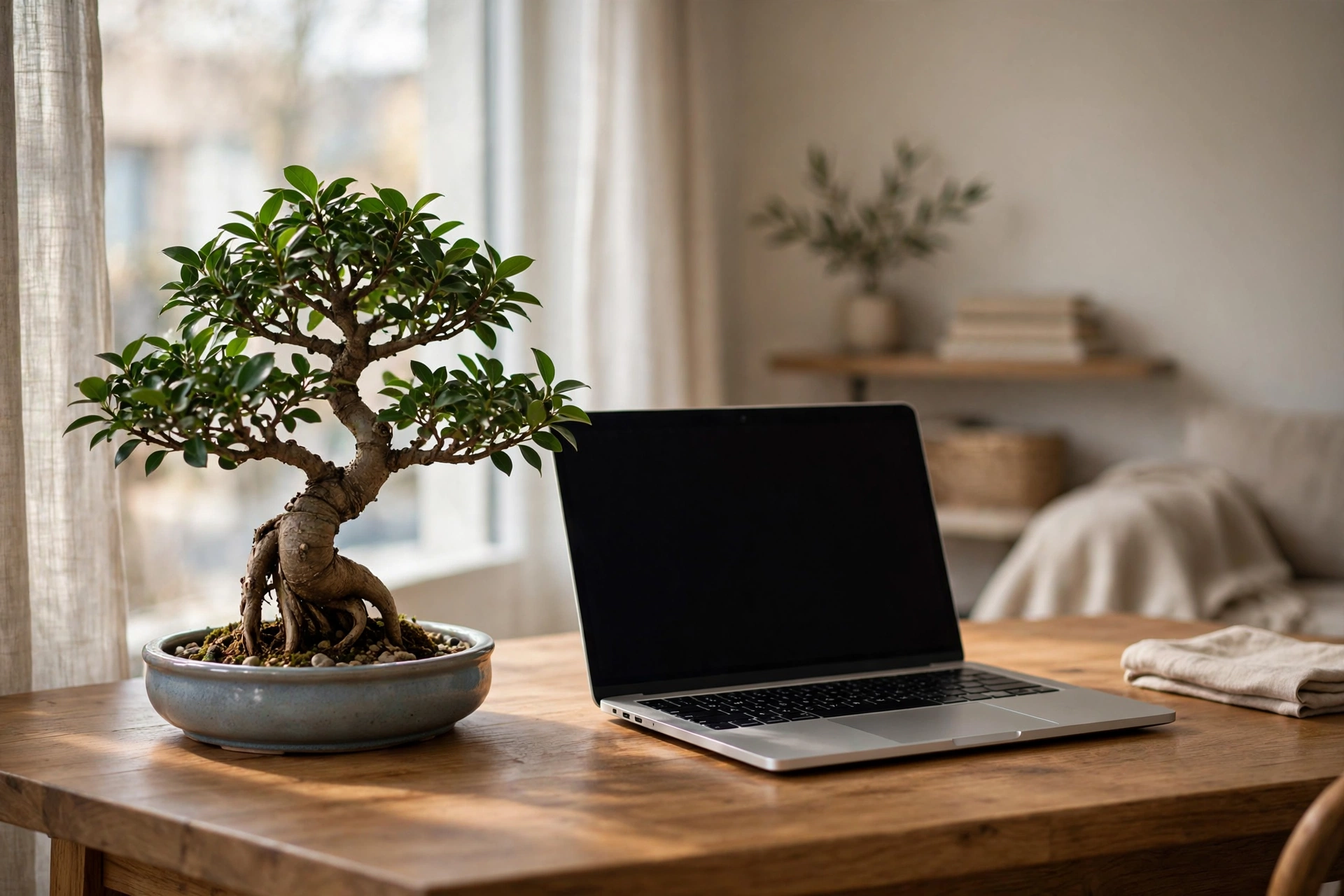 Small ficus bonsai tree on a wooden desk next to a laptop in a studio apartment home office