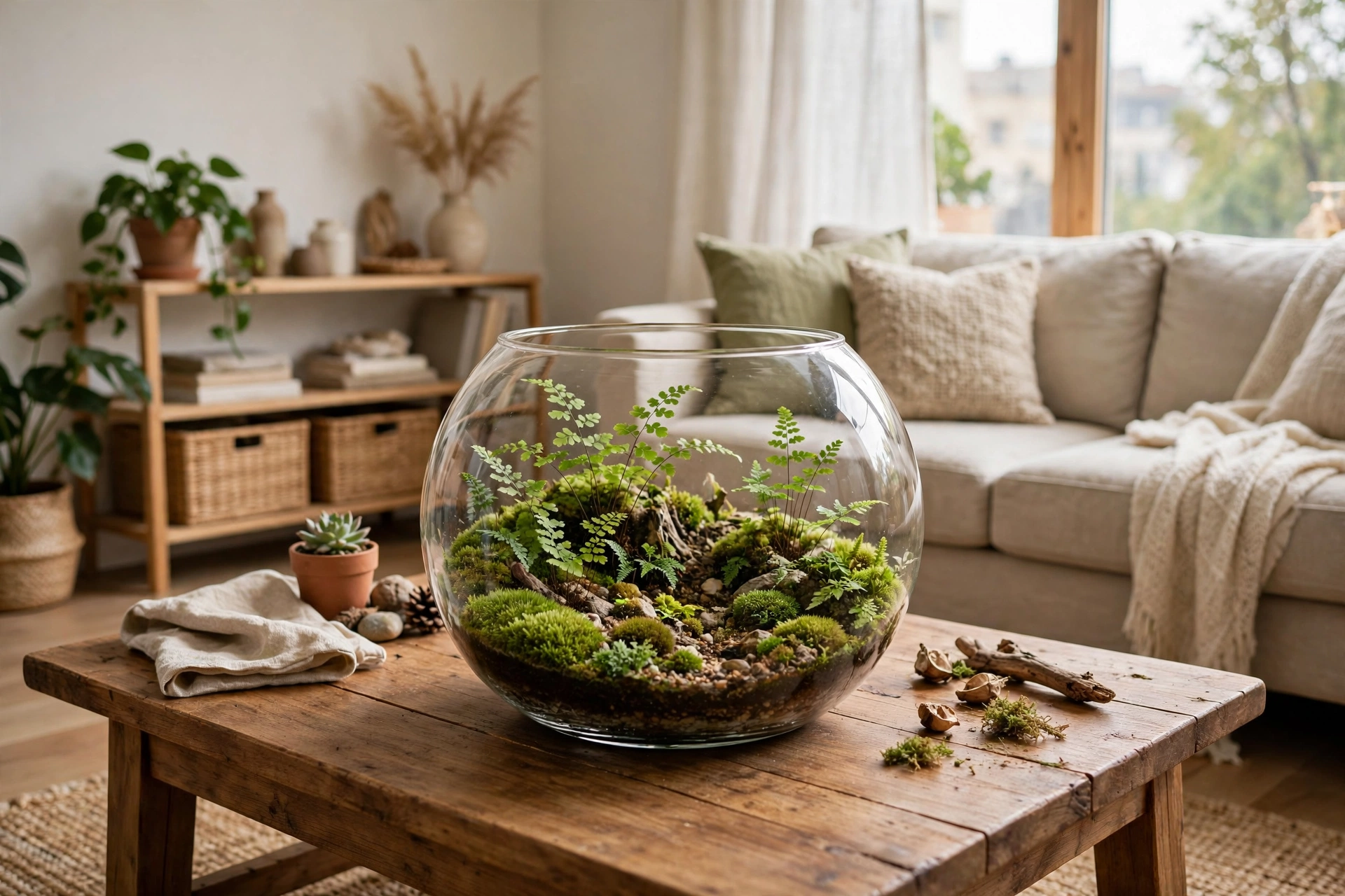 Glass terrarium with small ferns and moss as a centerpiece on a studio apartment coffee table