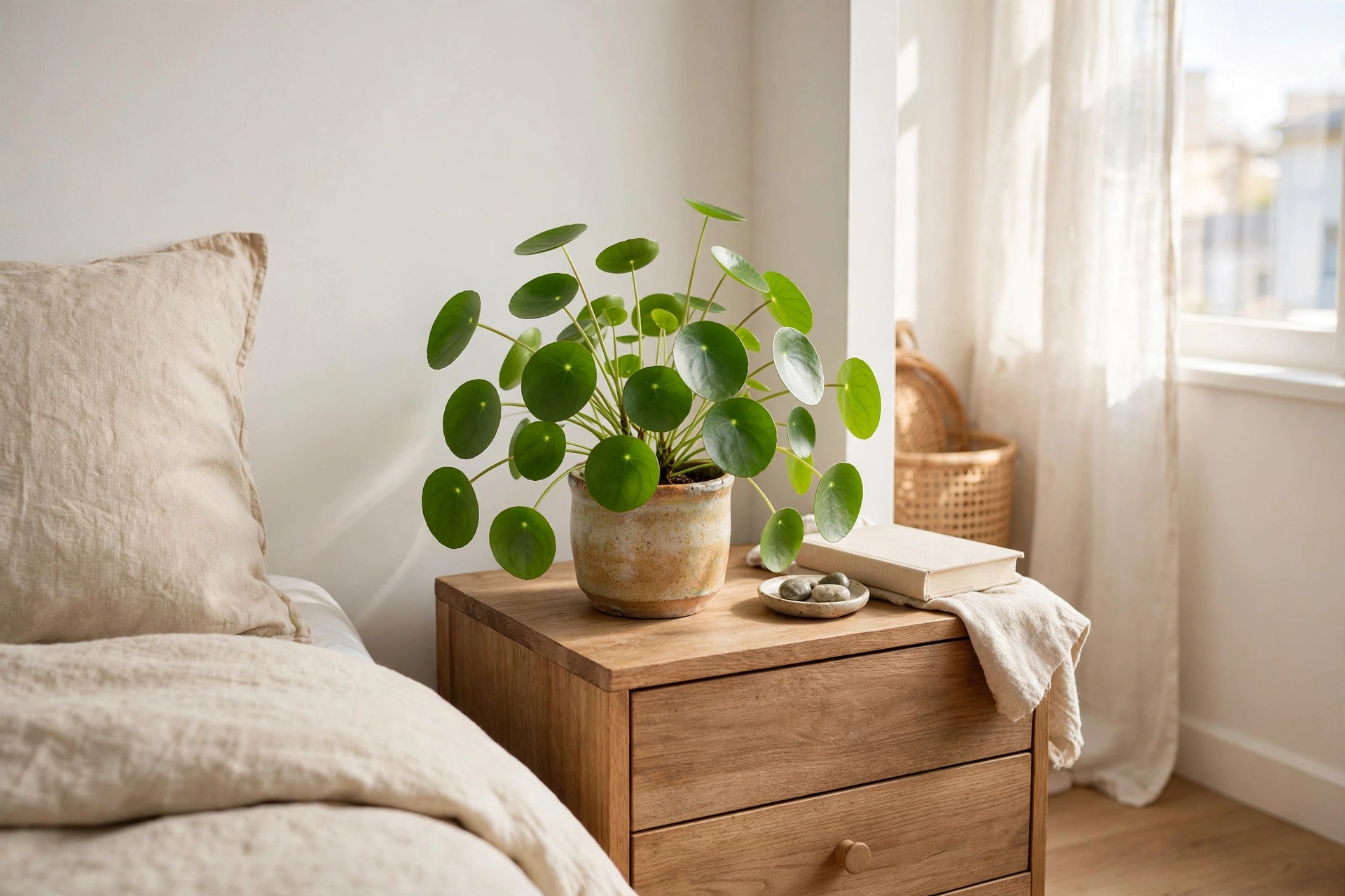 Pilea peperomioides with round coin-shaped leaves in a small ceramic pot on a studio apartment nightstand