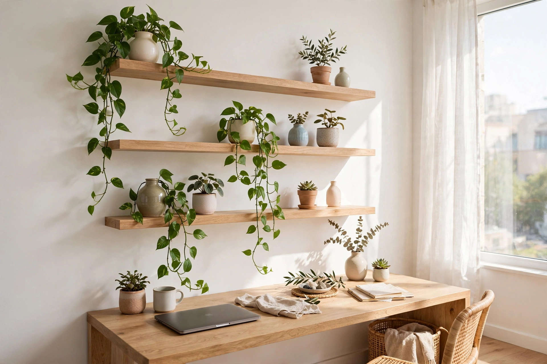 Three floating wooden shelves with trailing and potted plants above a desk in a studio apartment