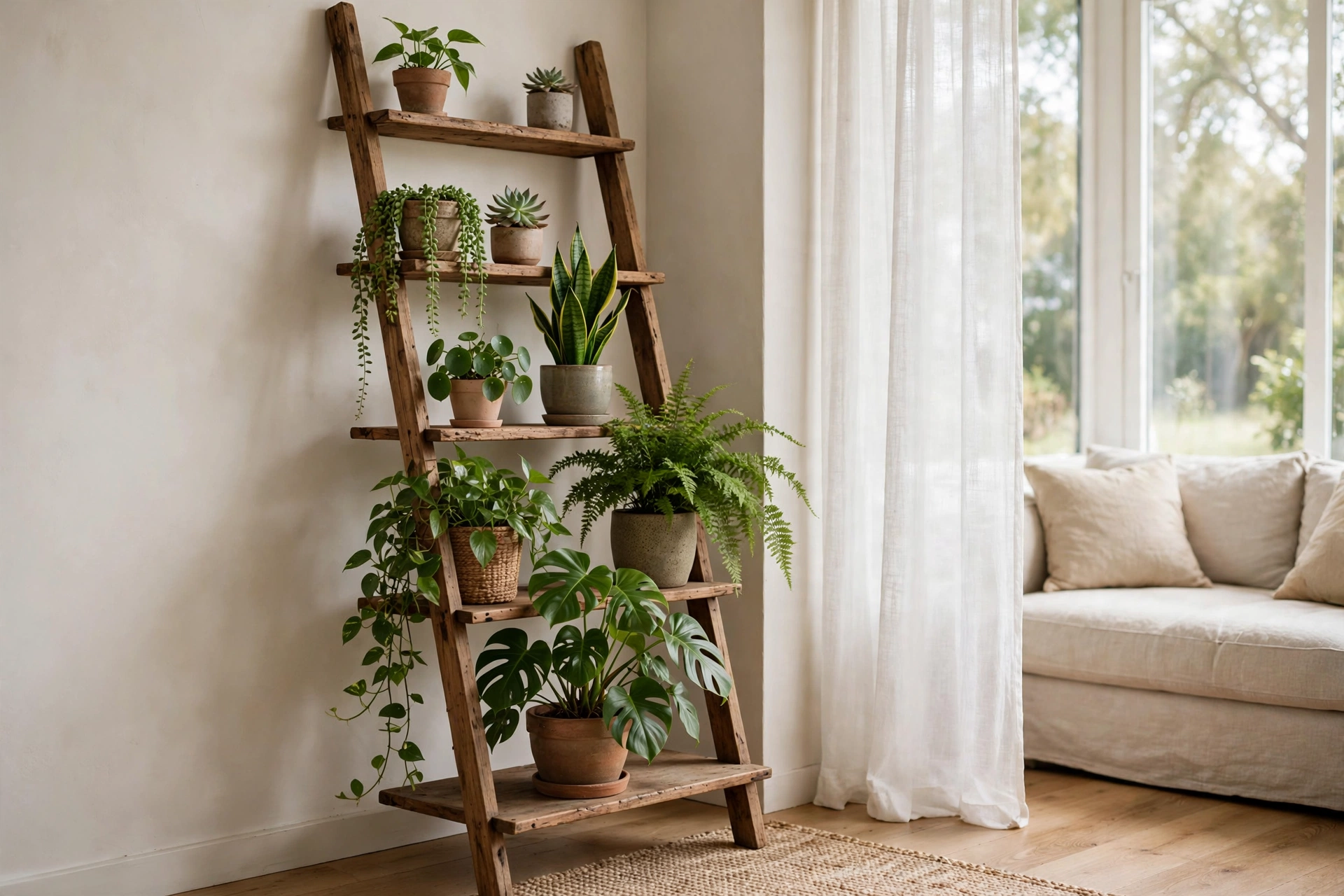 Leaning wooden ladder shelf filled with potted plants at different tiers in a studio apartment corner