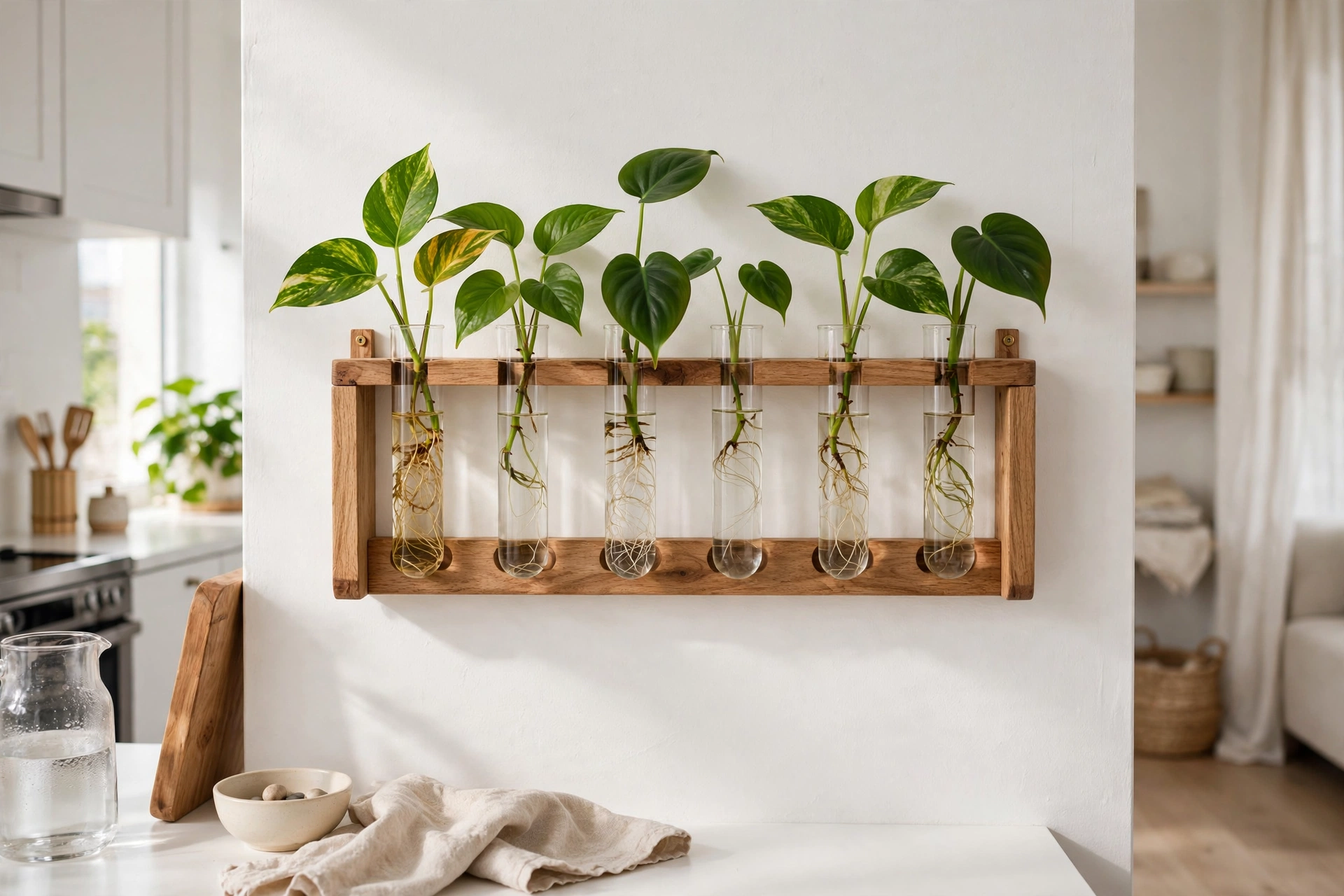 Wall-mounted glass test tube propagation station with plant cuttings rooting in water in a studio
