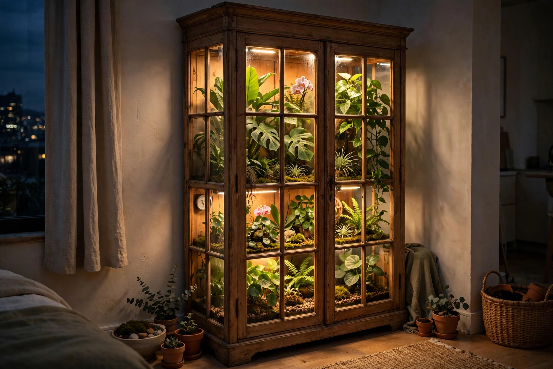 Glass-front cabinet converted into a mini greenhouse with grow lights and tropical plants in a studio