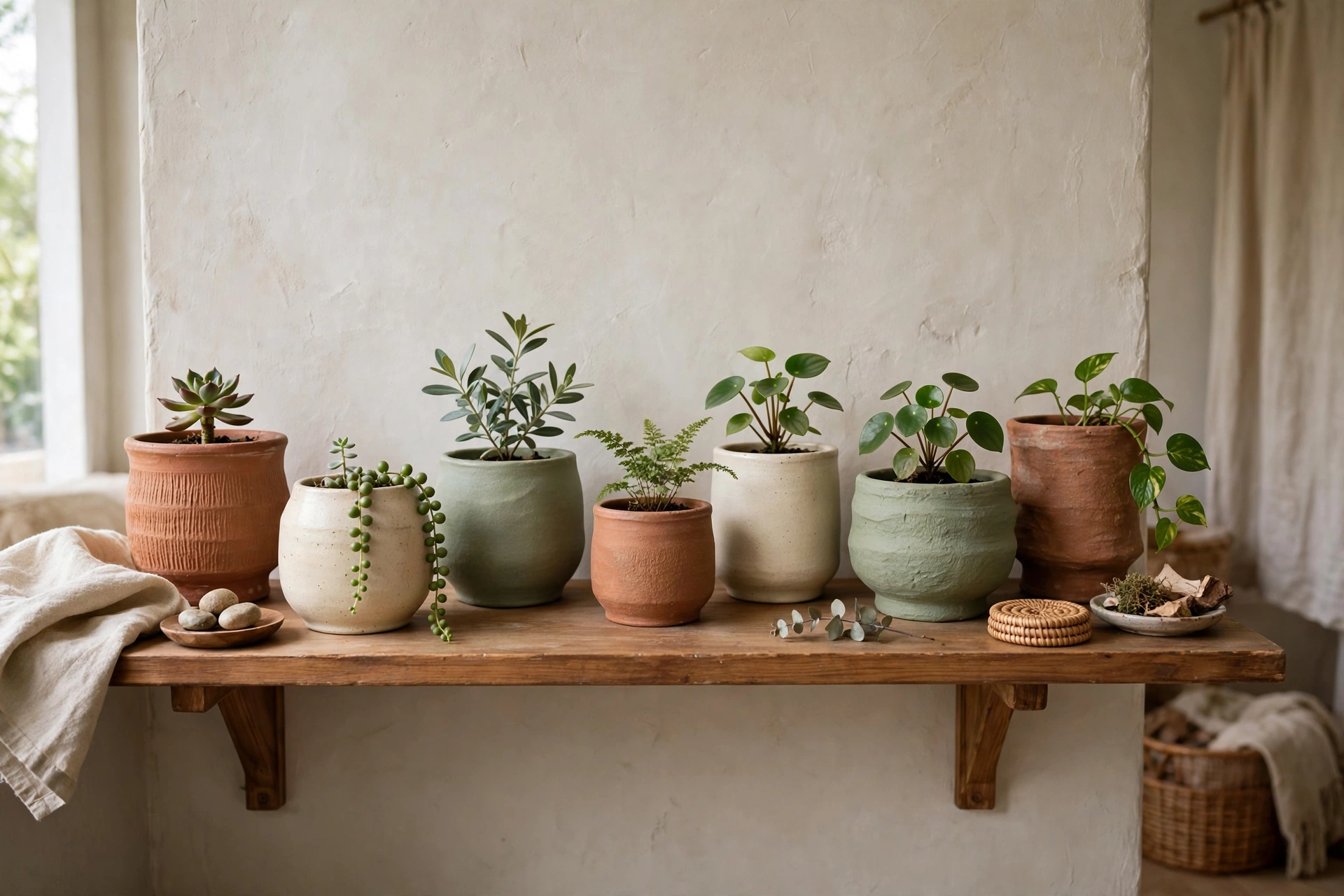 Collection of handmade ceramic planters in earthy tones with green plants on a studio apartment shelf