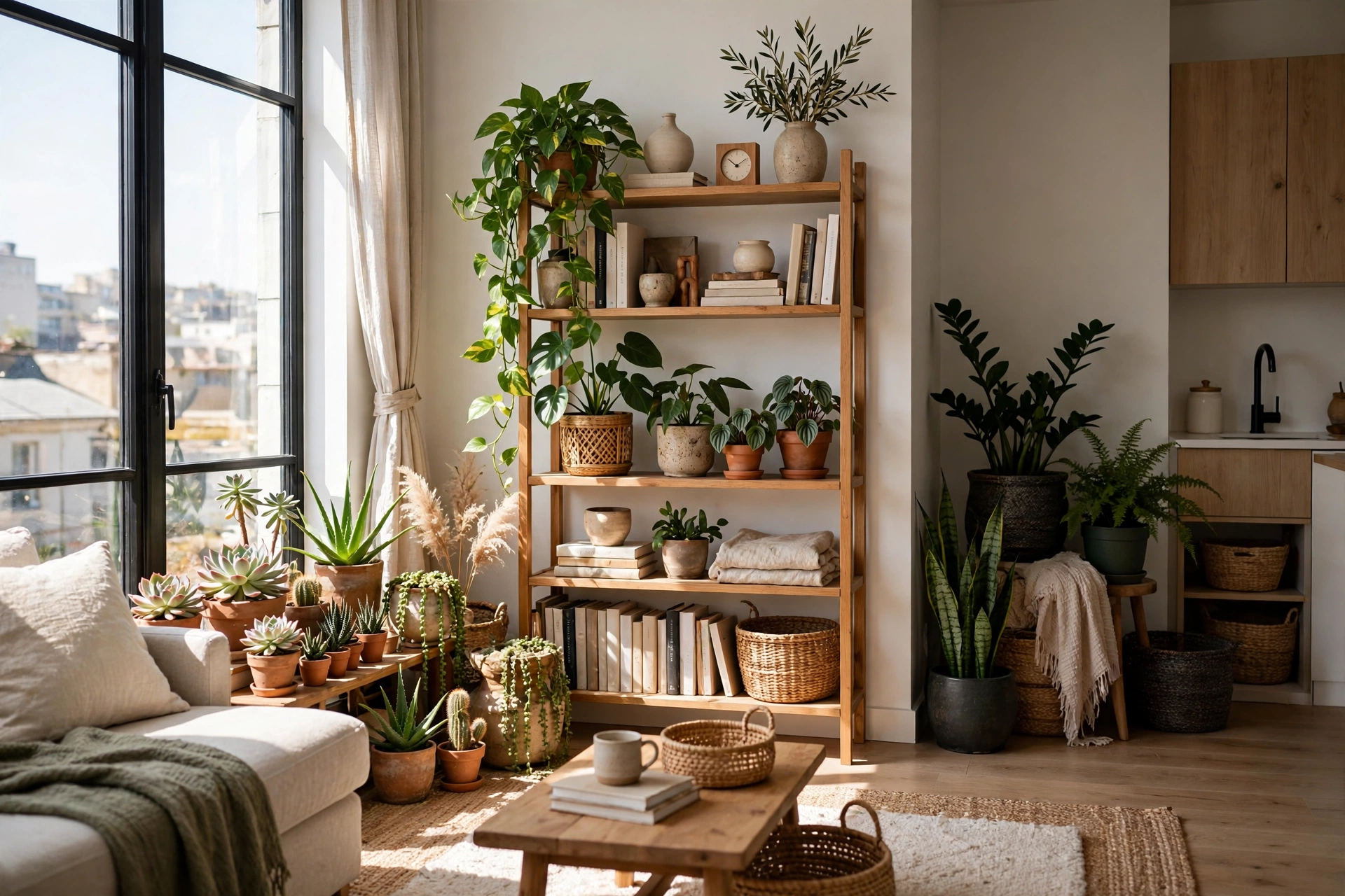 Grouped clusters of houseplants arranged by light needs in different zones of a studio apartment