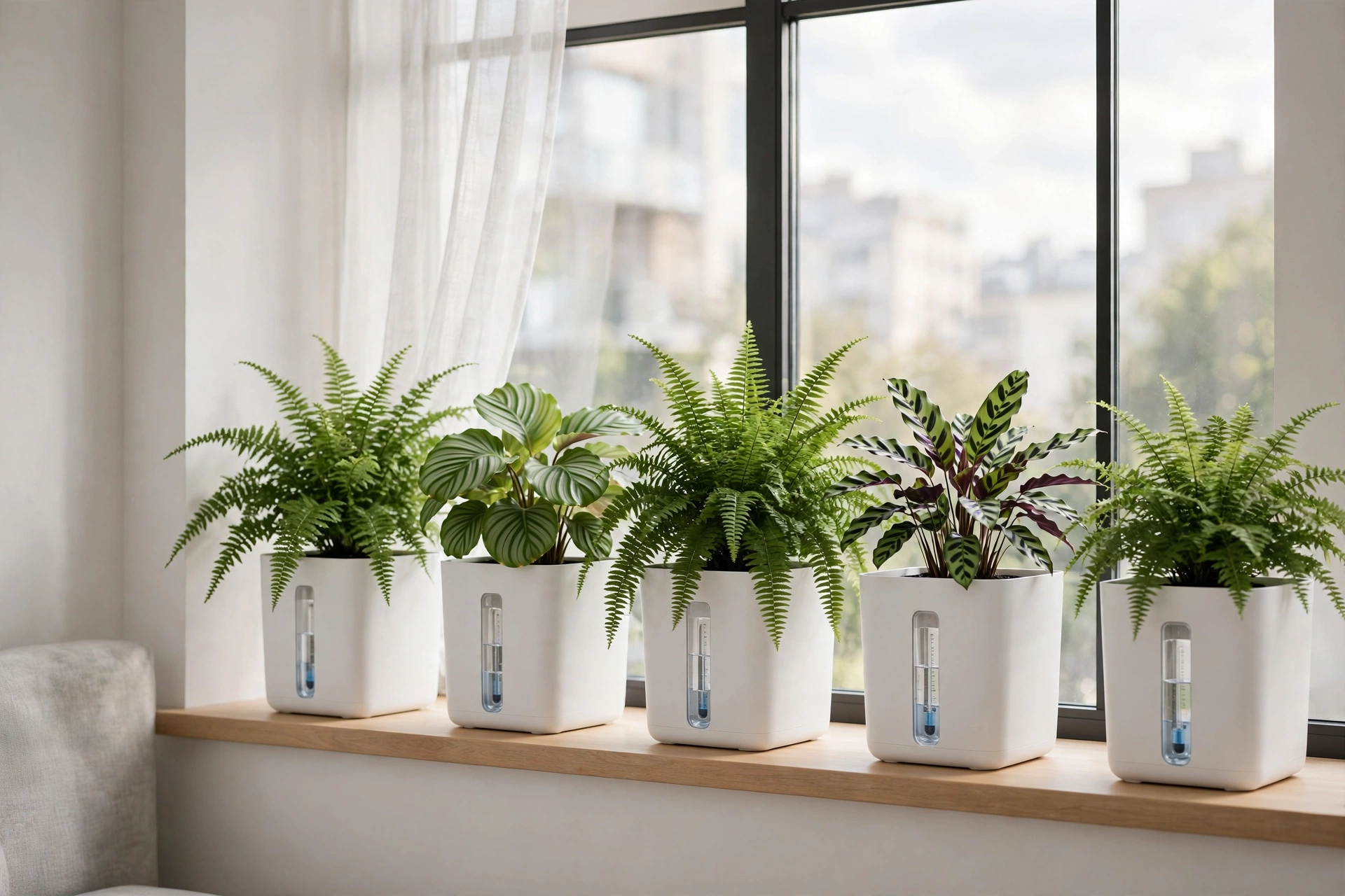 White self-watering pots with water level indicators holding green plants in a studio apartment