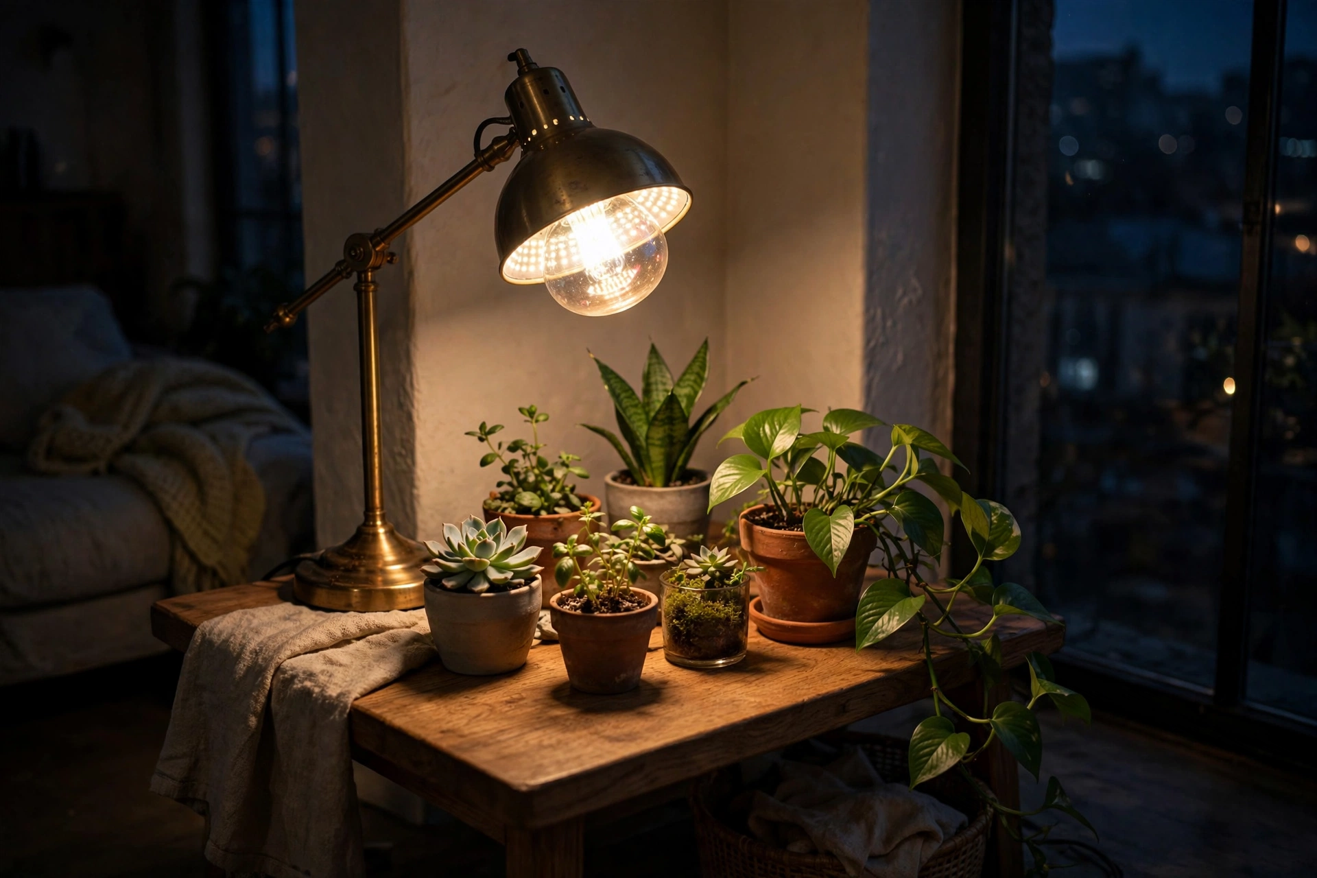 Full-spectrum grow light bulb in a desk lamp illuminating indoor plants in a dark studio apartment corner