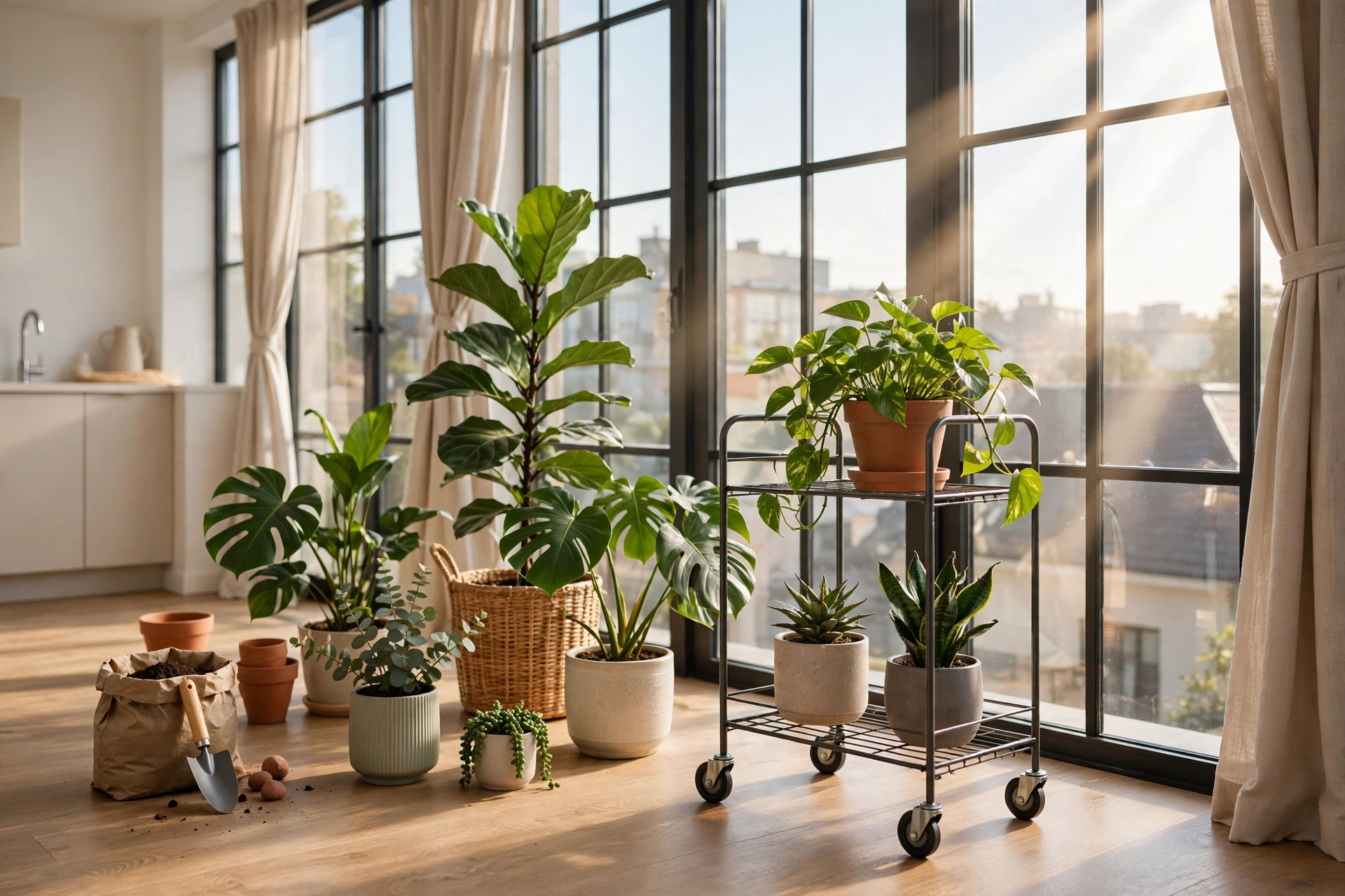 Person moving potted plants to different spots near windows in a bright studio apartment