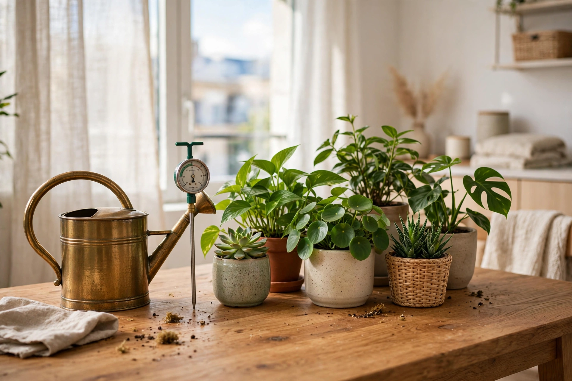 Watering can and moisture meter beside houseplants during a weekly care routine in a studio apartment