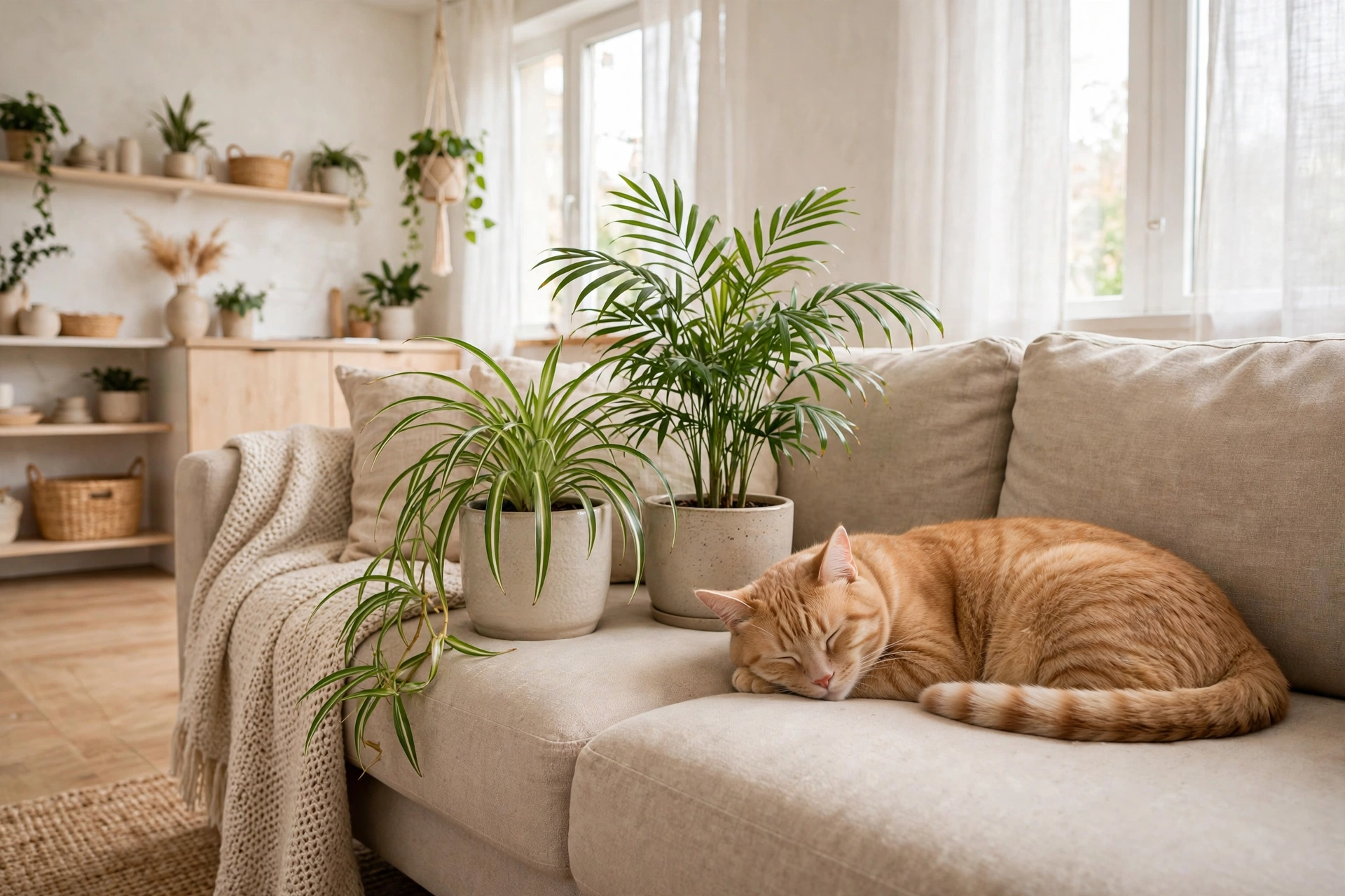 Cat-safe spider plant and parlor palm in a bright studio apartment with a cat resting nearby