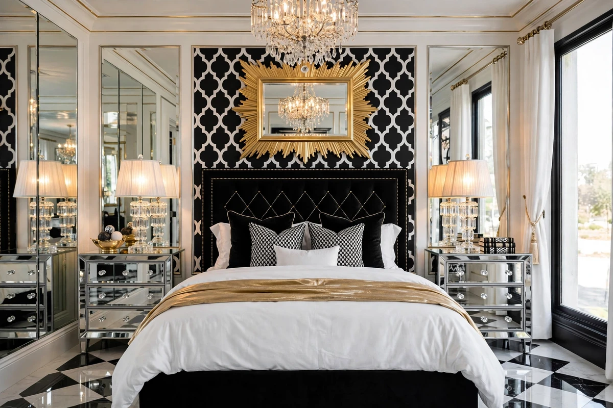 Hollywood Regency bedroom with mirrored nightstands and crystal lamps