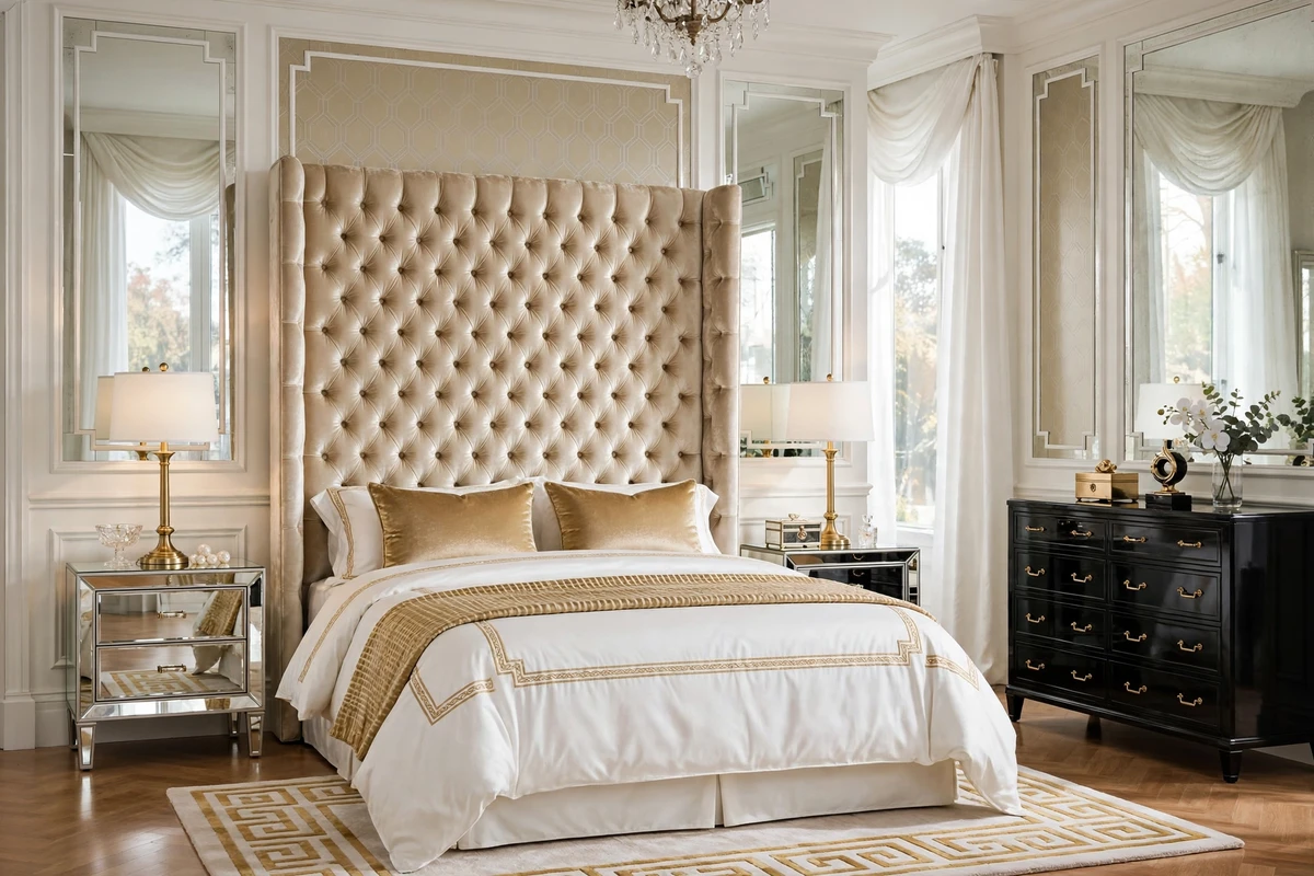 Tufted champagne velvet headboard in a Hollywood Regency bedroom