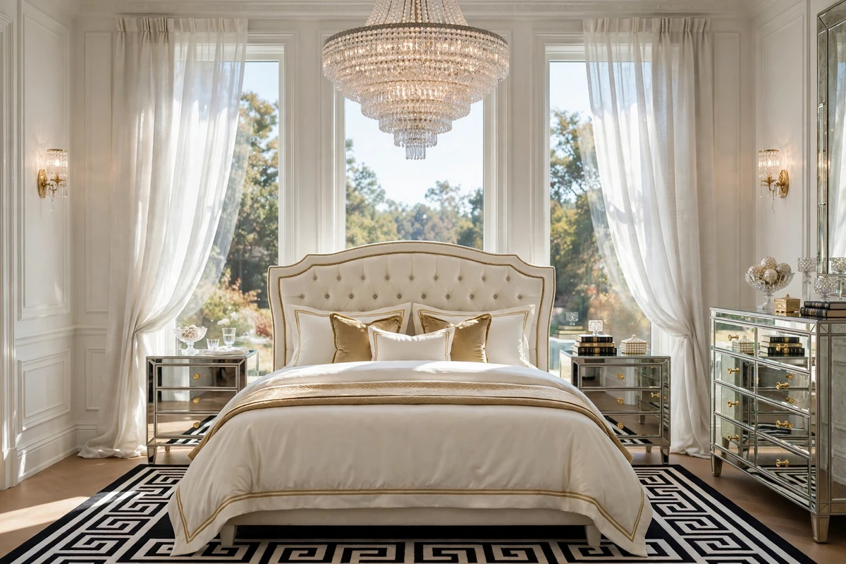 Tiered crystal chandelier in a Hollywood Regency bedroom
