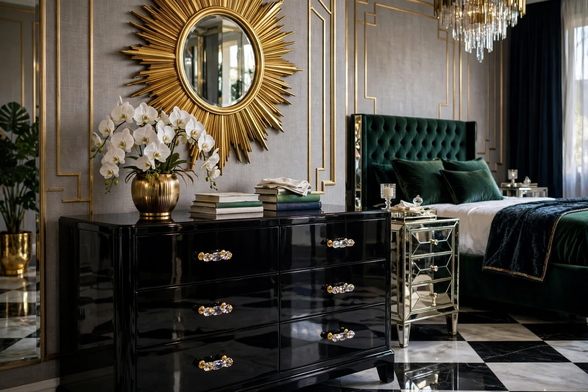 Black lacquered dresser with gold hardware in a glamorous bedroom