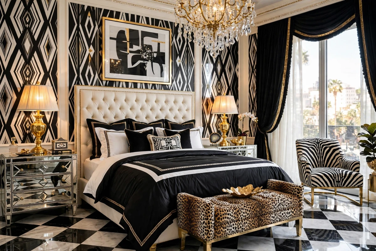 Leopard print bench and zebra chair in a Hollywood Regency bedroom