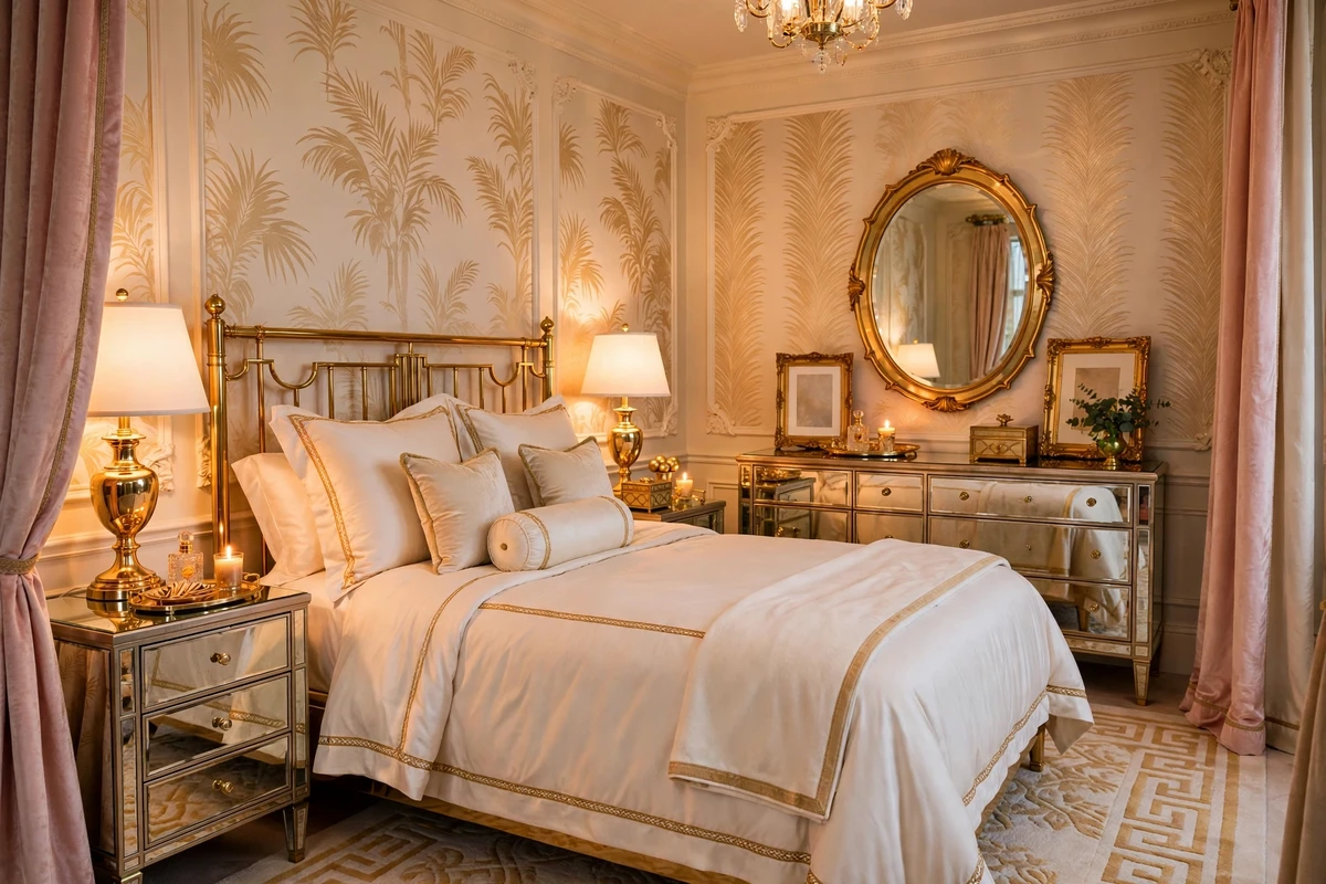 Brass lamps and gold mirror details in a glamorous bedroom