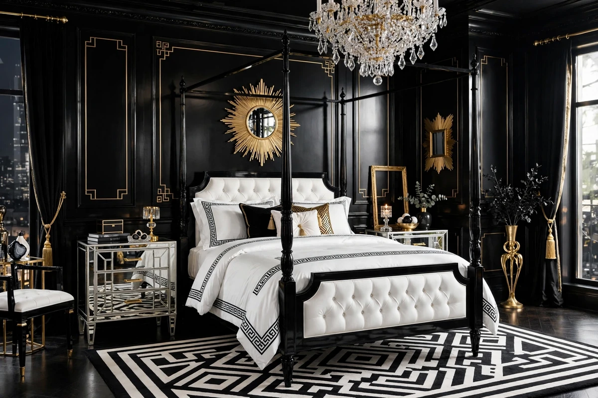 Black and white contrast Hollywood Regency bedroom
