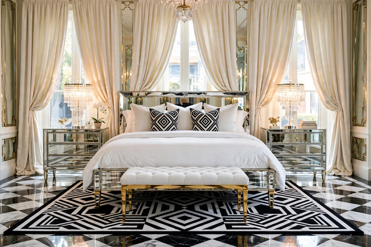 Bold geometric black and white rug in a Hollywood Regency bedroom
